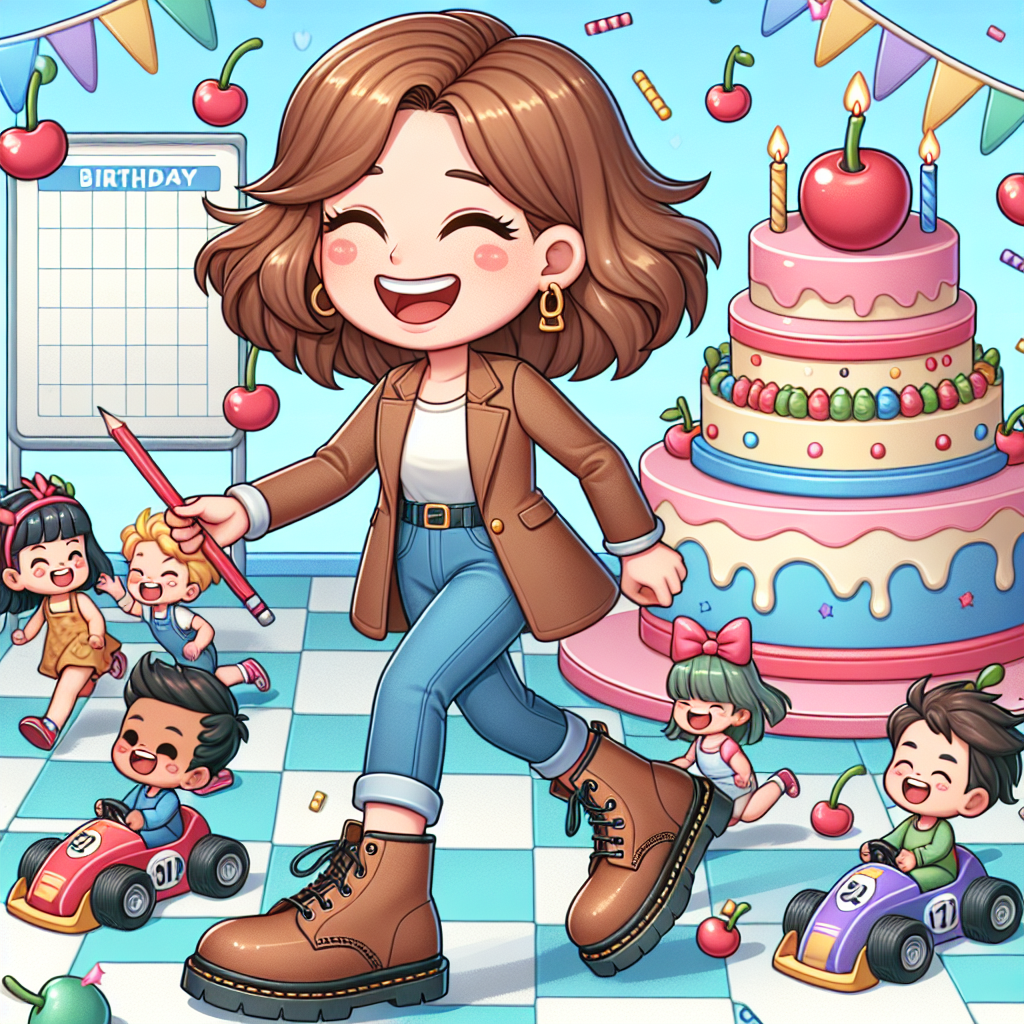 Craft a lively Cartoon-style birthday setting. In the scene is a laughing female Caucasian teacher in her stylish wavy brown bob strides confidently in her classic Doc Marten boots. The ground around her is scattered with small playful cherries, embodying excitement and charm. Dynamic children of varying races, wearing small captivating racing outfits, whizz around in multihued Formula 1 toy cars. Some children are doing a productive activity, eagerly writing in a towering planner dairy positioned next to a jubilant cake, coordinating the day's exhilarating birthday events.
Generated with these themes: Female teacher with wavy brown bob hair, Doc marten boots, Cherries, Children, Formula 1, and Planner diary.
Made with ❤️ by AI.