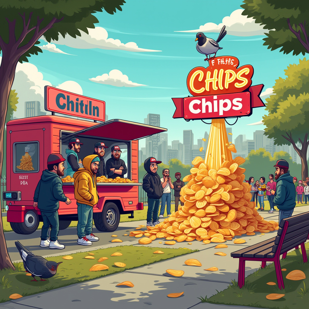 In this whimsical cartoon scene, picture a lively urban park setting where roadmen with a quirky twist mingle with a delightful twist of TikTok culture. At the forefront is a group of animated roadmen characters, dressed in exaggeratedly oversized hoodies, snapbacks, and sneakers. They stand near a street food truck, but instead of selling the usual fare, it's a "Chips & TikTok" themed truck. The side of the truck proudly displays a neon sign shaped like a TikTok logo, with the word "Chips" written in bold comic sans style, while a stream of digital chips cascades down like a waterfall.

Just to the side, you see an enormous birthday cake, whimsically crafted to look like a stack of oversized, crispy chips, with a birthday banner perched on top. The banner reads "Happy Birthday, Bella!" in bold, cheerful letters. As you glance upward, the scene gets even more creative. In the sky, fluffy clouds spell out "Bella" as if magically written in the air, providing a whimsical backdrop to the urban landscape.

Meanwhile, a couple of roadmen are engaged in a playful TikTok dance challenge, their movements captured in cartoonish motion lines, as a crowd of spectators, both human and animal, gathers around, their smartphones at the ready. There's a pigeon wearing a tiny snapback, perched on a park bench, filming the antics with a comically oversized phone. 

Scattered around the park, park benches double as giant chip packets, with colorful wrappers mimicking popular snack brands. The scene is dotted with cartoon-style details like graffiti art on a nearby wall, featuring hashtags like "#ChipsChallenge" and "#BellaBirthdayBash," adding an extra layer of urban authenticity. 

In the background, a boom box with a TikTok logo blasts out music notes, filling the air with a palpable sense of fun and rhythm. This unique and vibrant cartoon scene captures the playful fusion of chips, roadmen culture, and TikTok in an unforgettable birthday card cover for Bella.
Generated with these themes: Chips , Roadmen, and Tiktok.
Made with ❤️ by AI.