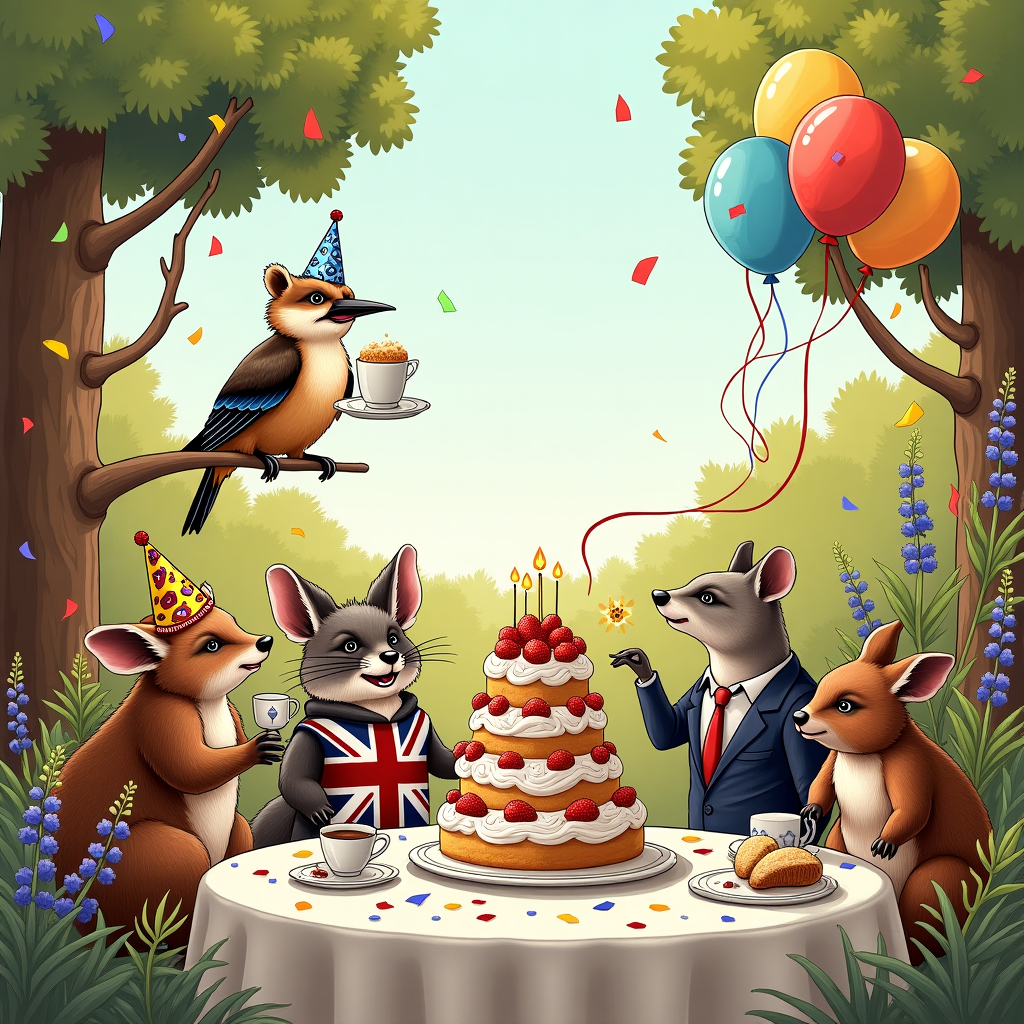 **Image Prompt:**

An illustration of a lively outdoor birthday party where Australian and British animals are throwing a chaotic, hilarious tea party together. A kookaburra in a party hat laughs uncontrollably atop a eucalyptus branch, while a confused hedgehog attempts to serve Vegemite scones to a bewildered wallaby wearing a Union Jack waistcoat. Nearby, a wombat is struggling to balance a three-tiered pavlova cake decorated with strawberries and elderflowers, while a group of badgers in floral bonnets debate the merits of Lamingtons vs. Victoria sponge over a gumleaf tea brew.

In the background, a magpie and a red squirrel are locked in a fierce but comical tug-of-war over the last sausage roll, while native Australian and British plants — like golden wattle and foxgloves — bloom wildly around them, strewn with confetti and balloons.

Add lots of party streamers tangled in a Banksia bush and an echidna poking its nose into a trifle. The overall scene should be bright, bustling, full of detail and tongue-in-cheek cultural references — a whimsical blend of British afternoon tea charm and Aussie bush chaos, perfect for a giggle.
Generated with these themes: Australian Native flora, fauna and food, and British flora, fauna and food.
Made with ❤️ by AI.