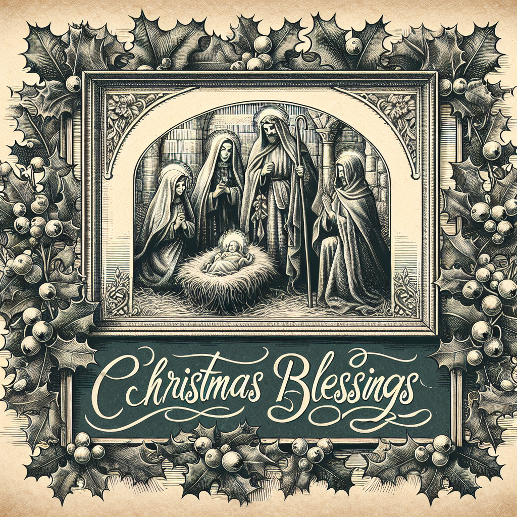 This vintage-style illustration portrays the Nativity in an ornate frame, reminiscent of an old Christmas card. It showcases the Holy Family with a touch of nostalgia, as detailed hatching enhances the textures of their garments. Above them, nestled between holly leaves and berries, the 'Christmas Blessings' text is inscribed in elegant, flowing script.
Generated with these themes: Nativity.
Made with ❤️ by AI.