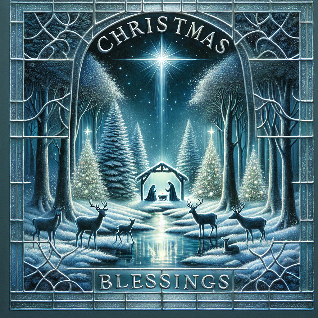 An enchanting illustration depicts a serene night with a clear view of the Nativity under a gleaming star. The scene is set within a forest clearing, where trees twinkle with lights and snowy patches glisten. A family of deer observes the scene from a distance. The caption 'Christmas Blessings,' encased in a frosty windowpane font, complements the cool, peaceful tones of the artwork.
Generated with these themes: Nativity.
Made with ❤️ by AI.