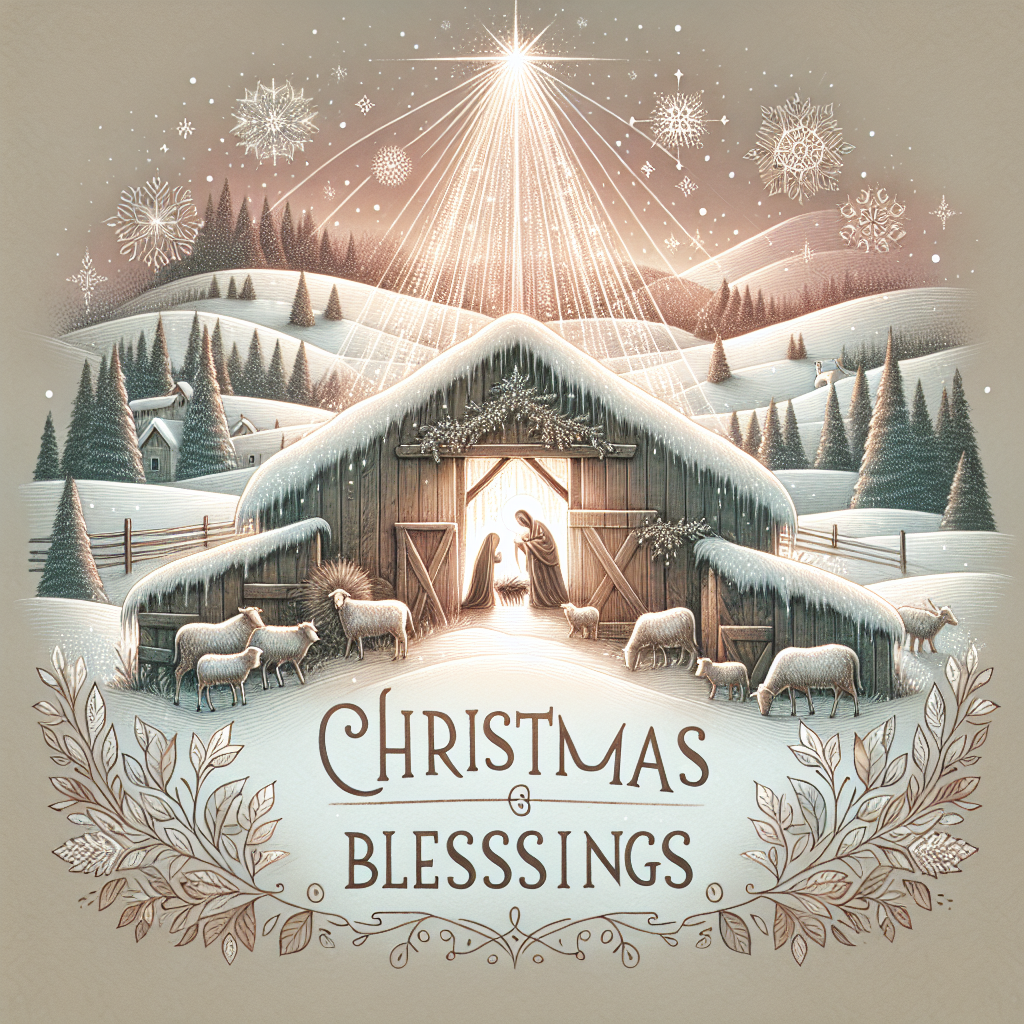 A heartwarming illustration featuring a snowy backdrop with a soft glow emanating from a small stable, where the Nativity is nestled. The Holy Family is at the center, surrounded by adoring animals, while delicate snowflakes drift into the scene. Above the stable, the text 'Christmas Blessings' is scripted in a gentle font, harmonizing with the tender atmosphere.
Generated with these themes: Nativity.
Made with ❤️ by AI.
