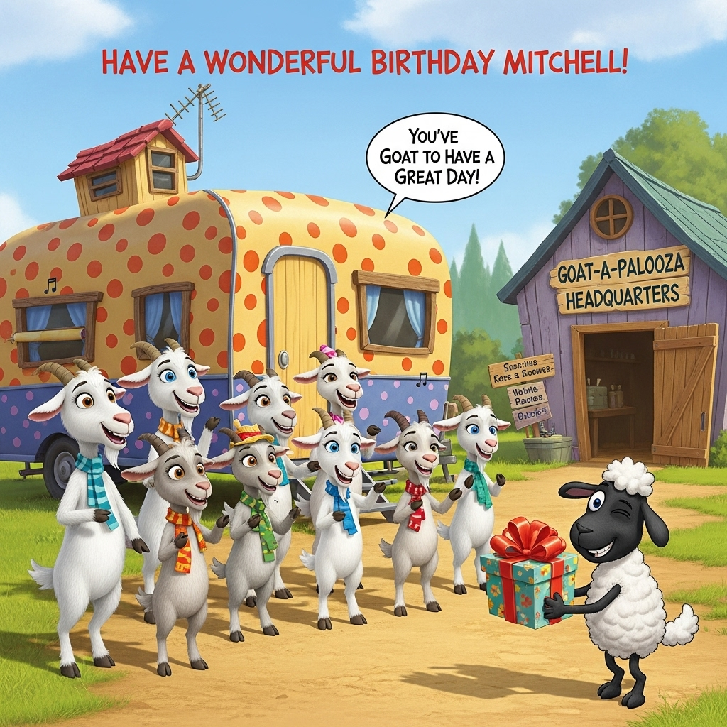Nine goats singing on a goat ranch with a house trailer and an out building, and a black sheepdog presenting a birthday gift, , and Birthday Card