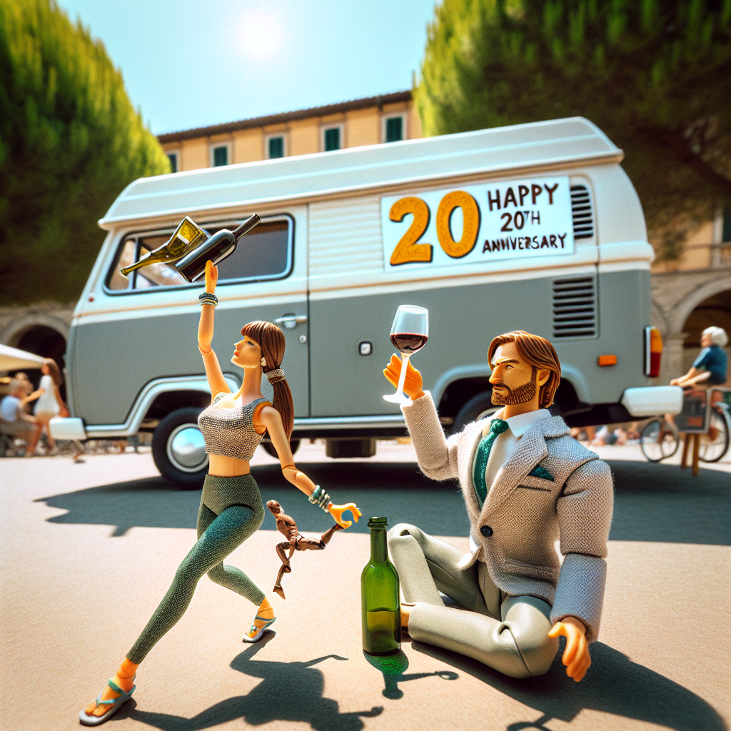 Underneath the radiant Italian sunlight, stands a grey camper van decorated with the bright words 'Happy 20th Anniversary'. This scene is livened up with a small, jubilant figure performing a yoga pose. In the forefront, a stylishly dressed Caucasian woman with long brown hair elegantly balancing a wine glass, a symbol of both celebration and sophistication. Adjacent to her, a Caucasian man, donning his brown hair in a ponytail with a neat beard around his face, is actively partaking in an eco-friendly act of recycling. This act displays an amusing contrast to the overall festive atmosphere of the scene.
Generated with these themes: Yoga, Happy 20th anniversary on a grey camper van in the background, Caucasian woman with long brown hair wearing a dress and high heels and drinking wine, Caucasian man with brown hair in a ponytail, beard and doing recycling, and Italy.
Made with ❤️ by AI.