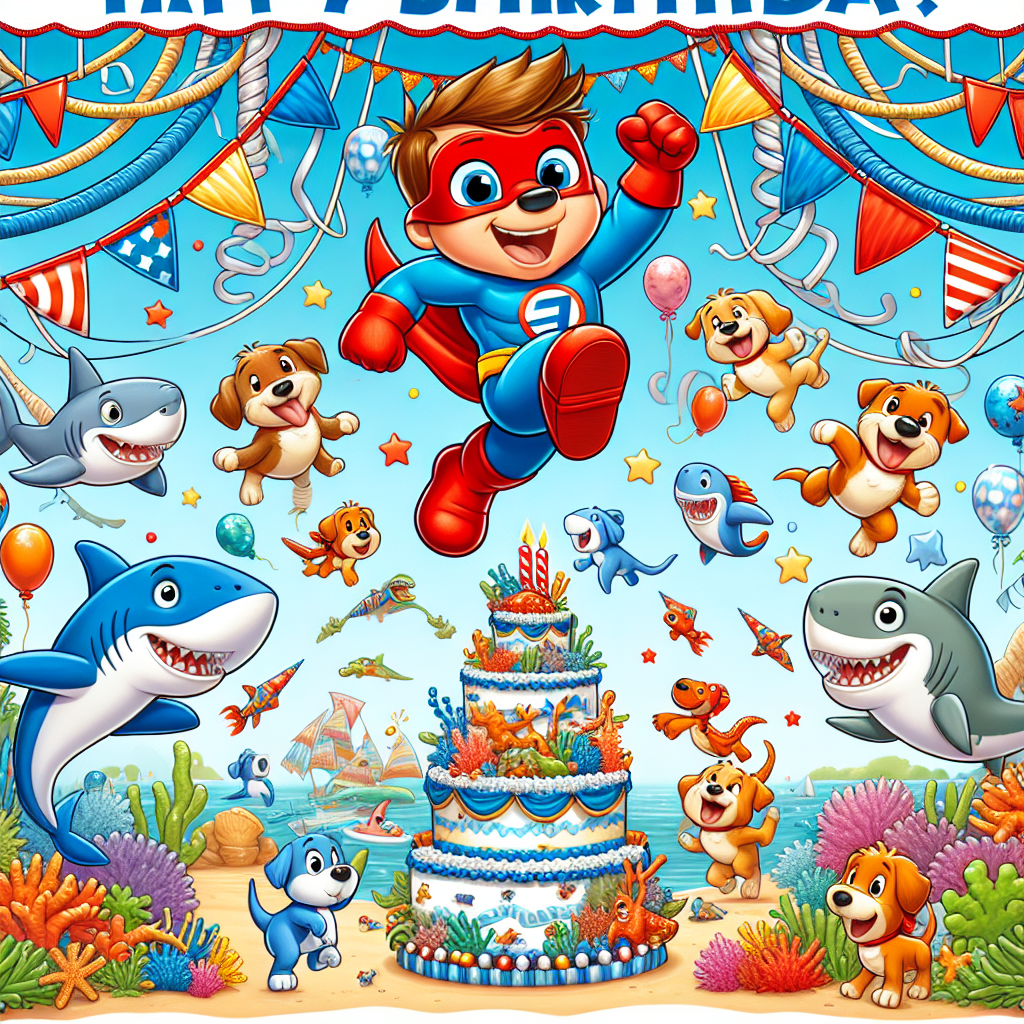 Enjoy a lively cartoon birthday design full of festivity. Imagine an agile, charming red and blue superhero leaping across the top of the invitation, surrounded by intricate streamers that resemble webs. Below them, a family of happy, colorful sharks dance around undersea decorations of coral and starfish. In the corner of the scene, friendly, soft-edged dinosaurs are cheerfully stomping around a cake adorned with prehistoric themes. Throughout this playful scene, energetic puppies with oversized paws roam, their joy inspiring contagious laughter. This design paints an atmosphere of a bustling party that promises fun and adventure.
Generated with these themes: Spidey and his amazing friends, Baby shark, Dinosaurs, and Puppies.
Made with ❤️ by AI.