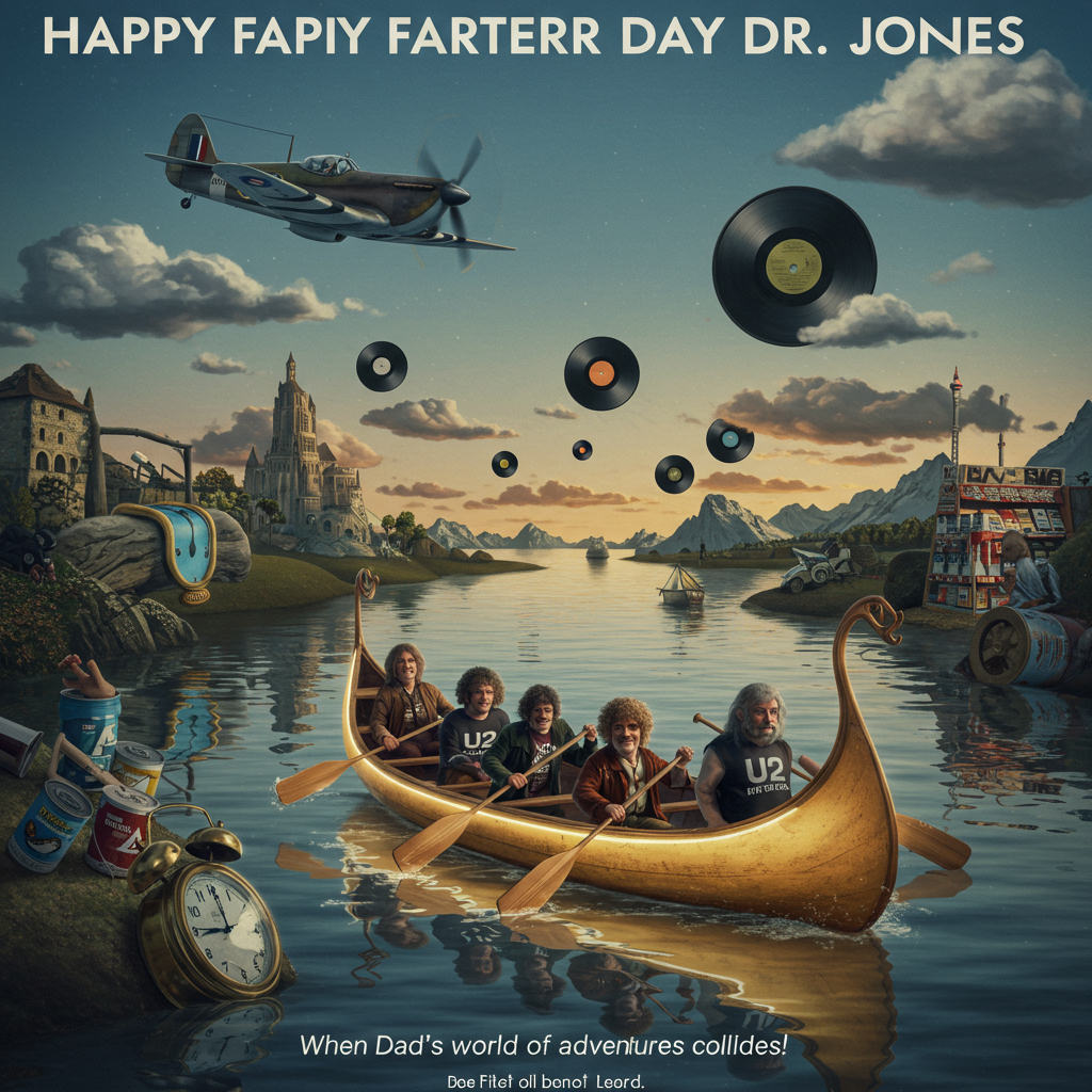 At the top of the Surreal Style image, include the text "HAPPY FARTHER DAY DR JONES" in bold, playful letters.

---

**Image Description:**

A whimsical and dreamlike scene where an ethereal, glowing canoe glides across a river of melted clocks, reflecting Dali-esque surrealism. The canoe is manned by a group of hobbits, each wearing U2 band shirts, energetically paddling with long DIY store paintbrushes as oars. In the distance, an enigmatic World War II fighter plane hovers silently in the sky, piloted by a Gandalf-like figure with aviator goggles. The landscape is a blend of Middle-earth and a quaint DIY store, with mountains of sawdust and paint cans creating a peculiar horizon. Floating in the air, vinyl records replace clouds, casting shimmering, iridescent shadows on the surreal scene below. The image's lighting is a dreamy blend of twilight hues, adding a magical, otherworldly glow. A small, cheeky caption in the bottom corner reads, "When Dad's world of adventures collides!"
Generated with these themes: World War II, Lord of the Rings, Canoeing, U2, DIY stores, and .
Made with ❤️ by AI.