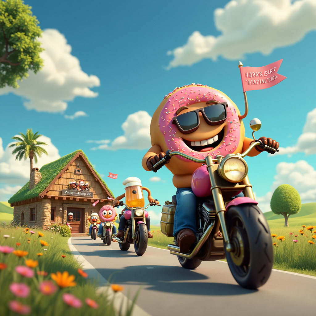 Imagine a vibrant, whimsical scene that pulls Vinay into a world where his favorite things collide in hilarious harmony. The setting is an animated countryside road, with rolling green hills dotted with colorful wildflowers and a clear blue sky overhead. 

At the center of the scene, a jovial doughnut stands tall on a snazzy, gleaming motorbike. The doughnut is anthropomorphized, with two large, googly eyes peeking out from its sprinkle-covered, sugary surface and a huge, grinning mouth. The doughnut’s hands, protruding from its doughy sides, grip the handlebars confidently, sporting fingerless leather gloves. A pink frosted helmet with sprinkles sits snugly on top of its head, completing the look.

Riding alongside the doughnut is a frothy beer mug, also animated, on a matching bike. The beer mug has a transparent, glassy body filled with amber liquid, and its top is crowned with a thick, white foam "hairdo" that flutters in the wind. The beer mug’s eyes are wide and cheerful, and it wears aviator sunglasses. Its handle serves as a sturdy arm, waving a tiny flag that reads "Happy Birthday Vinay!" The bike it rides mirrors its rider, with a glossy gold finish and a miniature keg serving as the engine.

Trailing behind them, creating a comedic twist, are a group of smaller doughnuts, each riding their own quirky mini-motorbikes. These mini-doughnuts have varied toppings—chocolate, blueberry, and powdered sugar—and their tiny bikes have matching colors. Some of these little doughnuts are balancing mugs of beer precariously, while others toss sprinkles into the air like confetti.

In the background, there’s a quaint roadside tavern, built from giant doughnut bricks with beer barrel pillars. A whimsical sign above the door reads "Vinay’s Birthday Bash HQ." From the tavern, more animated snacks peer out of windows and doors, cheering and waving banners.

Adding an extra layer of fun, a squirrel with a tiny helmet and a small flag reading "Follow the Doughnut Road!" darts alongside the main doughnut and beer mug duo, encouraging viewers to join the party.

This lively and humorous scene combines the elements of doughnuts, motorbikes, and beer into a birthday celebration that bursts with joy and adventure, ensuring Vinay’s birthday is remembered in the most delightfully quirky way possible.
Generated with these themes: Doughnuts , Motorbikes ,and Beer.Happy Birthday vinay .
Made with ❤️ by AI.