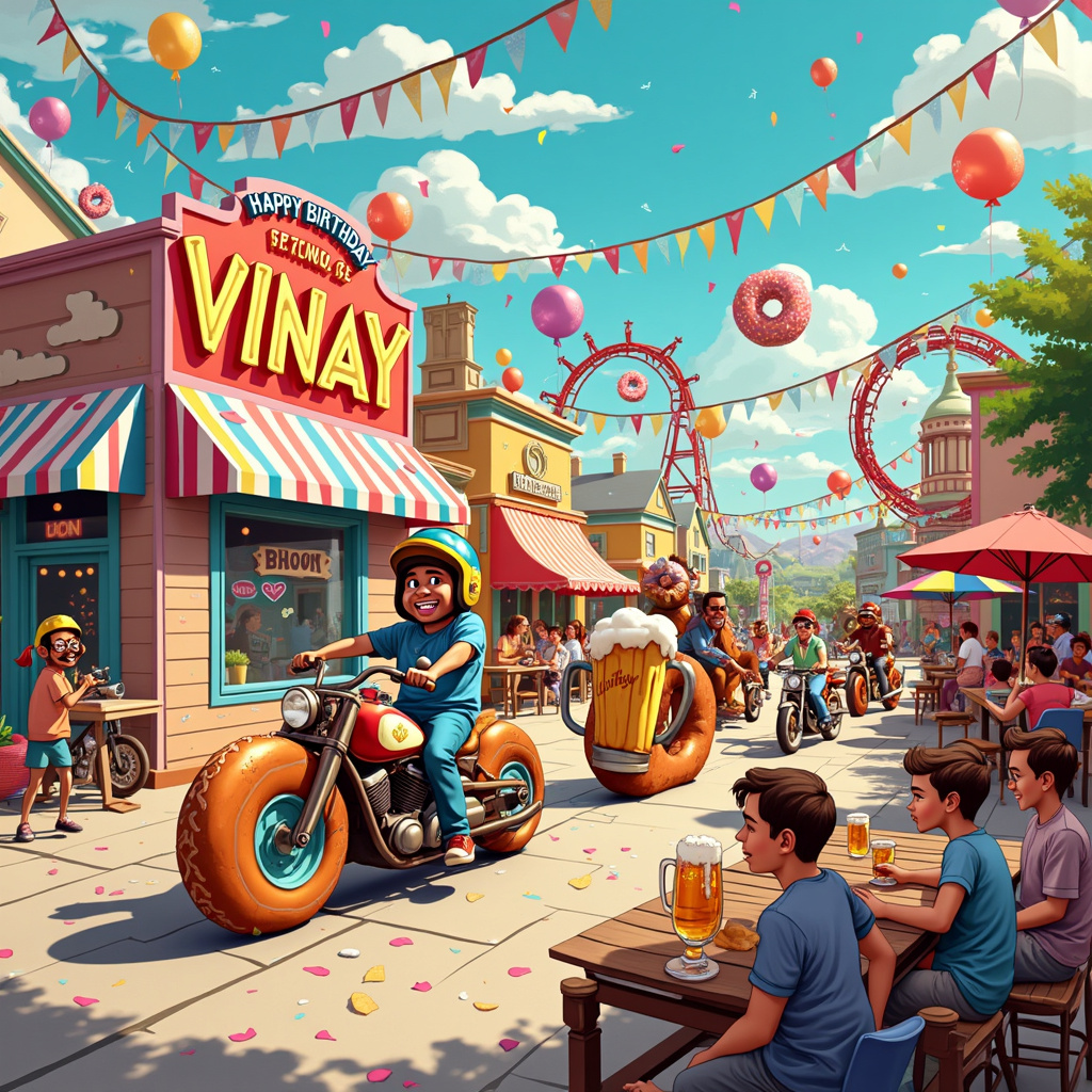 In the vibrant scene of Vinay's birthday card, imagine a sunlit, whimsical town square where the entire village has gathered to celebrate. Right in the center, a larger-than-life doughnut shop stands, its colorful doughnut-shaped sign spinning and flashing neon lights. In front of the shop, there's a parade of motorbikes - not just any motorbikes, but fantastically quirky ones. Picture a motorbike made entirely out of doughnuts; its wheels are giant, sprinkled doughnuts, the handlebars are twisted churros, and the body is a glazed masterpiece.

Riding this doughnut bike is a cheerful, cartoonish Vinay, wearing a helmet shaped like a frosted doughnut with a bite taken out of it. His friends follow on similarly whimsical bikes: one made of pretzels, another shaped like a beer mug with frothy foam handlebars, and yet another that resembles a towering stack of pancakes.

To the side, there's an outdoor beer garden with cartoon characters raising oversized beer mugs that clink together in mid-air. Some characters are sitting at wooden tables, each table adorned with a mini keg and surrounded by laugh-filled conversations. In the background, a band of anthropomorphic doughnuts, each one with a different expression and instrument, play a jazzy birthday tune. One doughnut is playing a saxophone, another strums a guitar, and a third beats a drum with candy-cane sticks.

Behind this lively gathering, the town's buildings are painted in bright, festive colors, with banners that say "Happy Birthday Vinay" streaming between them. Balloons in the shape of motorbikes, doughnuts, and beer mugs float above the scene, creating a canopy of fun. In the far corner, there's even a comically long line for a doughnut-themed roller coaster that twists and loops around a giant coffee cup.

Overall, the scene is packed with delightful details: confetti falling from the sky, children running around with doughnut balloons, and a small dog chasing its tail near the tables. Every element of this cartoon scene blends together to create a joyous and uniquely themed birthday celebration for Vinay.
Generated with these themes: Doughnuts , Motorbikes ,and Beer.Happy Birthday vinay .
Made with ❤️ by AI.