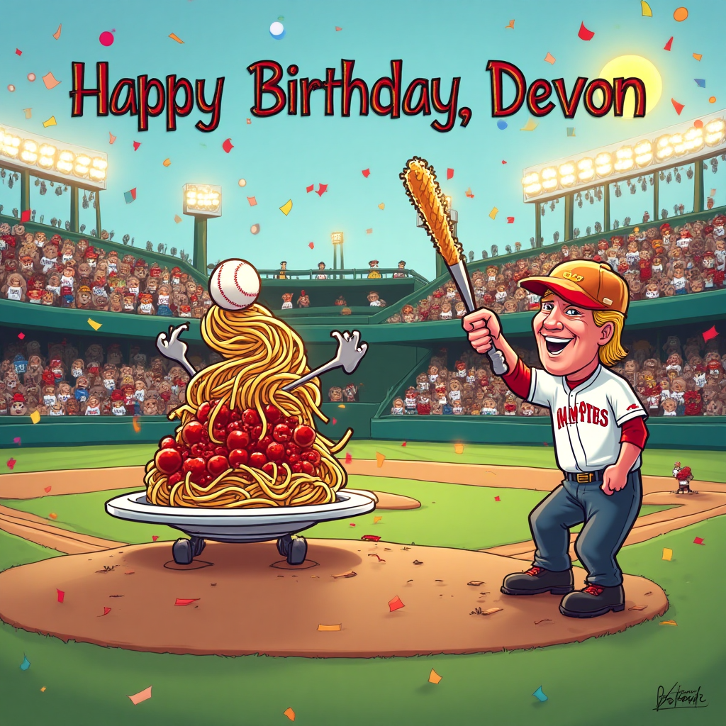 At the top of the Cartoon Style image, include the text: "Happy Birthday, Devon!"

**Image Description:**

Imagine a whimsical baseball stadium filled with a crowd of fluffy, cheering furries wearing team jerseys. In the center of the scene, a large, cartoonish plate of spaghetti and meatballs is on the pitcher's mound, twirling a baseball with a pasta fork as if preparing to pitch. In the foreground, a cartoon version of Donald Trump is wearing a baseball cap and holding a bat made of spaghetti noodles, grinning enthusiastically as he prepares to swing.

The background is vibrant, with colorful pennants and balloons floating in the sky, and the sun smiling down on the festivities. Confetti rains down on the scene, adding to the cheerful, celebratory atmosphere.

Add a cheeky text in a fun, playful font near the bottom: "May your birthday be a home run with extra sauce!"
Generated with these themes: Baseball, Pasta, Furries, Donald Trump, and .
Made with ❤️ by AI.