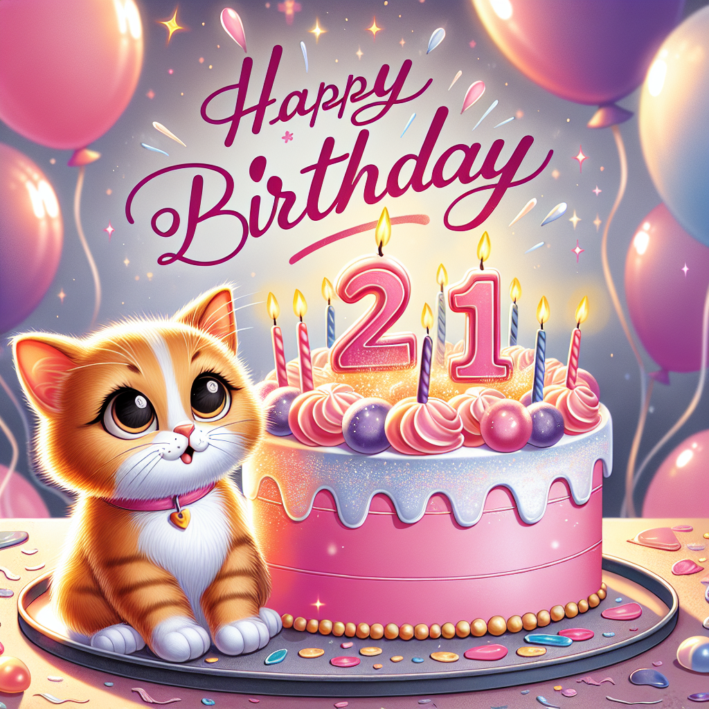 Create an illustration of a lighthearted cartoon scene where a short-haired orange feline is positioned in close proximity to a pink birthday confectionery, which proudly displays the numerics '21' on top. Dustings of sparkle give the cake a radiant appearance under the tender luminescence of its candles. Suspended above the scene are the words 'Happy Birthday Lara,' scripted in a impeccable typeface that echoes the color theme of pink, purple, and blue. The background is host to a varied collection of colorful helium balloons that contribute to the celebratory atmosphere. The visual representation should exude perfection, devoid of any mistakes related to spelling, design, or typography, capturing the joy and ecstasy of a flawless birthday festivity.
Generated with these themes: A cute orange short haired cat sat next to a pink birthday cake. The birthday cake has the number 21 on top of the cake. There are candles on top of the cake. Above the cat and cake reads Happy Birthday Lara. There are balloons in the background, and the colour theme is pink, purple, blue with glitter. Make sure you double check for spelling errors. Make sure you check for an errors  in the design. Make sure you check for any font errors..
Made with ❤️ by AI.
