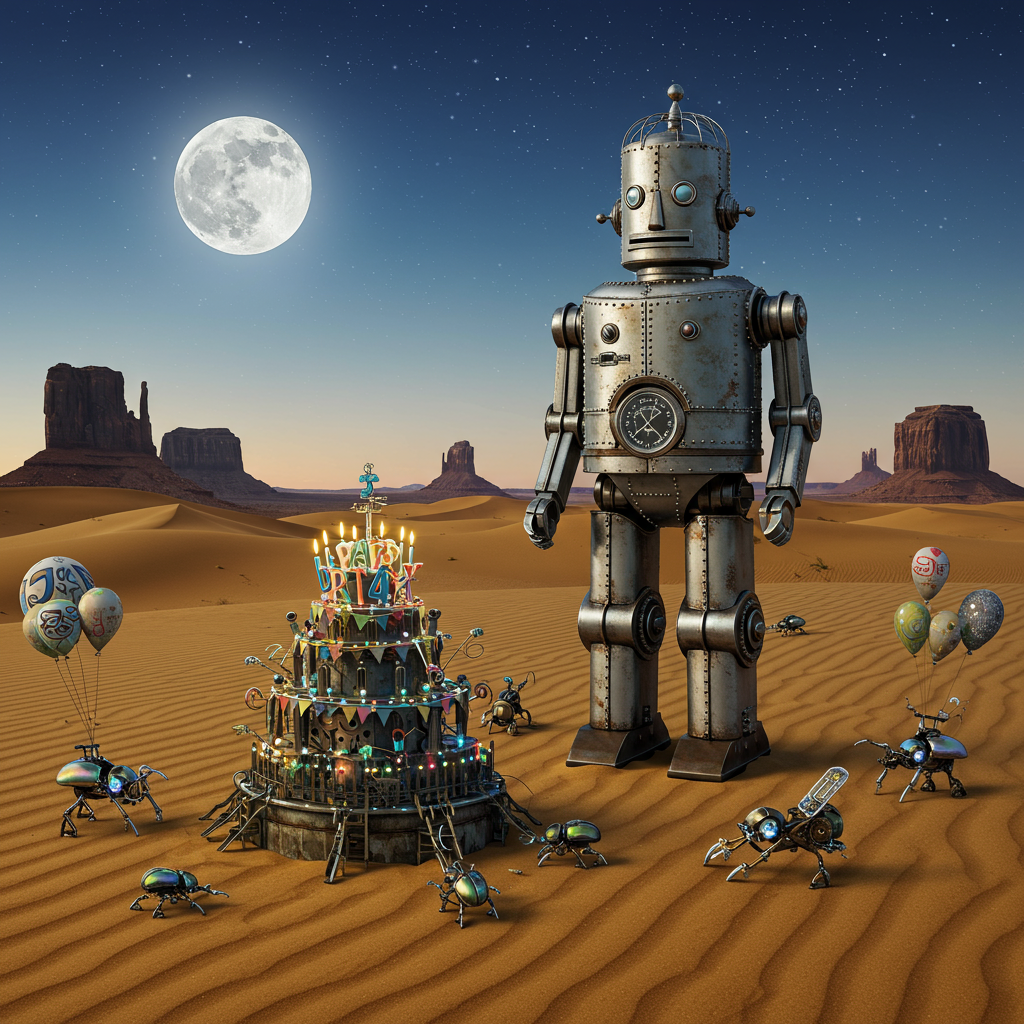 Front and center, picture a vintage-inspired robot, reminiscent of early 20th-century sci-fi illustrations, with rivets, brass gears, and a polished chrome finish, standing on a golden-hued desert dune. The robot, large and humanoid, has a distinctly retro-futuristic appearance with a cylindrical body and intricate detailing in its joints and paneling, giving it a touch of whimsy.

In the background, a vast desert stretches to the horizon, with sand dunes rippling like waves beneath a surreal, Maxfield Parrish-style twilight sky. The sky is painted in a gradient of deep blues and purples, peppered with tiny sparkling stars. An oversized full moon, glowing softly, hangs low, casting gentle shadows.

Nestled into the sand is a festive scene: a quirky birthday cake constructed from salvaged metal and colorful gears, its layers stacked high, adorned with glowing LED candles flickering in vibrant hues of blue and green. The cake is a spectacle, an artistic assemblage that combines the charm of Beatrix Potter’s intricate detail with the fantastical elements of Maurice Sendak’s worlds.

Around the cake, small mechanical desert creatures reminiscent of Aubrey Beardsley's elaborate linework scuttle about, their bodies shimmering like iridescent beetles. These critters carry tiny banners and balloons made of thin, iridescent metal sheeting that catch the moonlight. One of these banners bears the word "Jas," embossed in a flowing script reminiscent of Edward Gorey's style, crafted from intertwined metallic vines.

On the horizon, a distant line of towering, craggy rock formations stretches skyward, creating dramatic silhouettes against the star-studded sky. These formations, inspired by the romantic landscapes of Gustave Doré, add an element of grandeur to the scene, their rugged surfaces softly illuminated by moonbeams.

A solitary cactus stands proudly near the robot, its spines sparkling under the moonlight, decorated with small, brightly colored lights reminiscent of Quentin Blake's vibrant palette, adding an unexpected splash of color against the desert backdrop.

In this scene, the juxtaposition of mechanical and natural elements, along with the detailed and expressive linework, brings the quirky birthday celebration to life, making it both a feast for the eyes and a charmingly imaginative tribute to "Jas."
Generated with these themes: Robot in desert.
Made with ❤️ by AI.