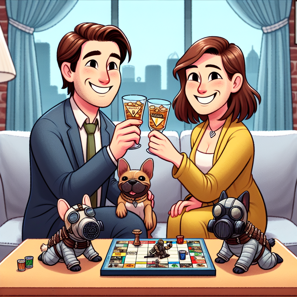 An amusing cartoon illustration of a Caucasian couple's first wedding anniversary. A man with brown hair and a woman, also with brown hair and a fringe, are seated on a comfortable couch in their living room. In front of them, on a table, is a board game designed in a manner reminiscent of post-apocalyptic genre video games. They are raising their glasses filled with whisky in a toast, showing their happiness, joy and laughter. Their French bulldogs, playfully dressed in small protective suits resembling those typical of a post-apocalyptic setting, mimic their cheers.
Generated with these themes: White couple. Man with brown hair. Woman brown hair and fringe, Fallout video game, Drinking whisky, French bulldogs, and 1st wedding anniversary.
Made with ❤️ by AI.