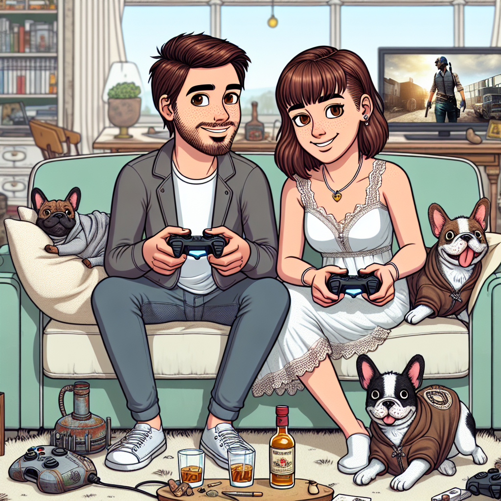 Create an engaging cartoon image of a Caucasian couple on their first wedding anniversary, set within a living room inspired by a popular post-apocalyptic video game. The brown-haired man and his wife, characterized by her distinct fringe hairstyle, are seen comfortably lounging back, each one holding a game controller. They are immersed in a celebratory session of their beloved video game. Adding to the scene, two playful French bulldogs are included, hilariously wrapped up in costumes reminiscent of a popular in-game accessory. The centerpiece would be a coffee table with a bottle of whisky and two glasses on it, serving as a symbol of the couple's mutual passion for the spirit. This scene portrays the joyous celebration of the couple's love and shared hobbies.
Generated with these themes: White couple. Man with brown hair. Woman brown hair and fringe, Fallout video game, Drinking whisky, French bulldogs, and 1st wedding anniversary.
Made with ❤️ by AI.