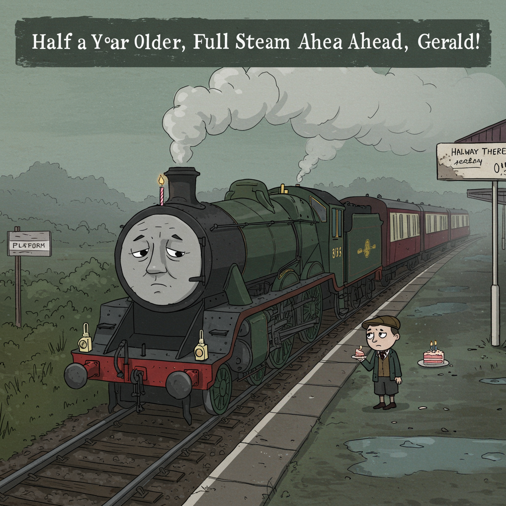 **Prompt:**  
At the top of the cartoon image: *"Half a Year Older, Full Steam Ahead, Gerald!"*

A solemn cartoon image depicting a classic British steam train, gently chuffing through a quiet, misty countryside. The train is halved down the middle – only the front half is present – with soft smoke curling from the chimney in the shape of a half-birthday candle. A subdued, slightly rain-slick platform fades into the distance, with a lone cartoon character resembling Gerald, in period attire and holding a tiny slice of birthday cake with a puzzled, wistful expression. Subtle details include a calendar page fluttering by with “Halfway There” scribbled on it, and a weathered sign reading “Platform 0.5”. The palette is moody: muted greys, deep greens, and faded burgundy, capturing the quiet grandeur of both steam trains and semi-occasions.
Generated with these themes: Half birthday, and British steam train.
Made with ❤️ by AI.