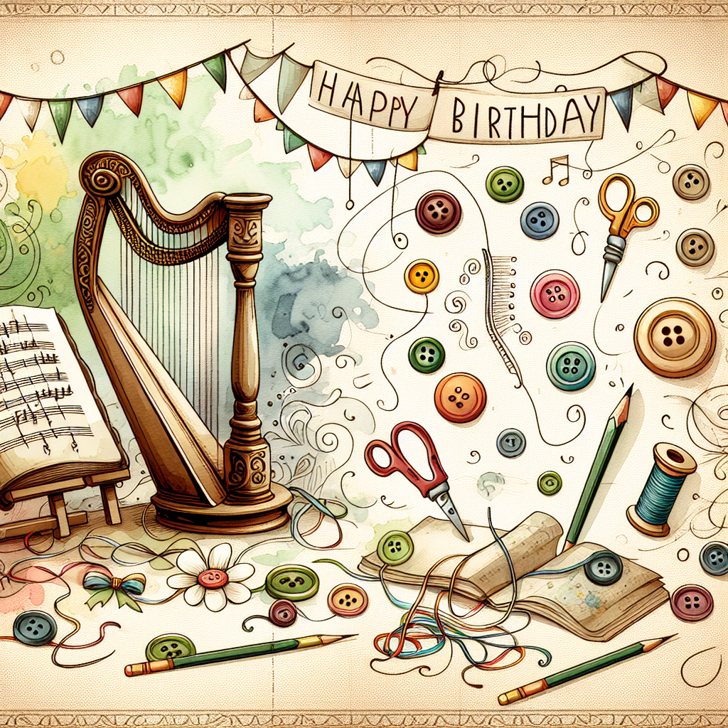 Create a delightful vector graphic of a birthday scene, characterized by indispensable elements of Irish music such as Celtic harps and violins. These elements are engagingly interweaved with imagery of sewing, boasting buttons and spools of thread. The backdrop is beautifully embellished with gentle washes of watercolour, paying homage to the art of painting. The scene also includes doodled pencils and open art journals, adding to the overall artistic and drawing concept.
Generated with these themes: Irish music, Sewing, Watercolour painting , Drawing, and Art journal.
Made with ❤️ by AI.