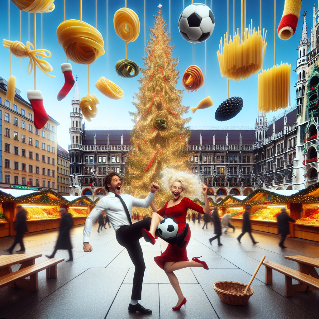 Munich's Marienplatz has transformed into a Christmas wonderland with a peculiar twist. Amidst the traditional stalls, a couple captures the attention of passersby; a blonde woman and a black-haired white man engage in a festive game of soccer. Around them, the decorations take the form of pasta, dangling from the massive tree, as the couple embodies the spirit of the holiday through their playful love.
Generated with these themes: Couple, Munich, Blonde woman, Black haired, white man, Soccer, and Pasta.
Made with ❤️ by AI.