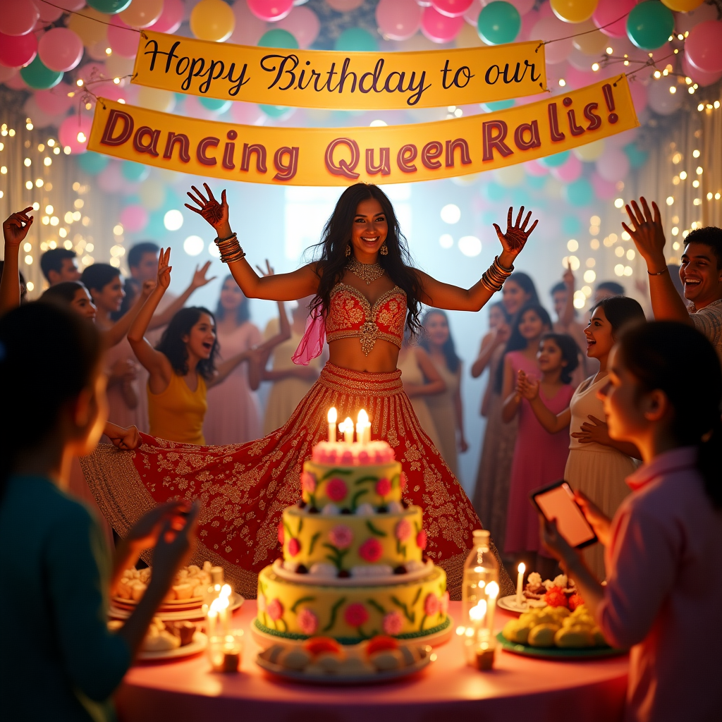 In the whimsical heart of a bustling birthday party, the scene is alive with vibrancy and detail. A grand banner drapes across the ceiling, boldly declaring "Happy Birthday to our Dancing Queen Shalini" in swirling, Bollywood-inspired calligraphy. Below it, the room is a kaleidoscope of colors, with balloons in shades of saffron, emerald, and fuchsia bobbing in the air. At the center, Shalini, the celebrated dancer, strikes a dramatic pose reminiscent of classic Bollywood cinema, her lehenga swirling with intricate golden embroidery and shimmering sequins catching the light. Her bangles jingle, a rainbow of glass and metal, as her henna-adorned hands spread gracefully.

The party guests are a diverse and animated bunch, some caught mid-laugh, others capturing the moment on their smartphones. In the foreground, a table groans under the weight of a towering birthday cake. It's a multi-layered spectacle, each tier representing different Bollywood films, adorned with sugar-crafted lotus flowers and little fondant dancers. Surrounding the cake are plates of vibrant Indian sweets, their colors as striking as the decorations themselves.

The walls are festooned with garlands of marigolds, intertwining with fairy lights that twinkle mischievously, casting playful shadows. To one side, a DJ, wearing oversized headphones and a cheeky grin, spins a lively mix that perfectly matches the scene's energy, while a group of children imitates Shalini's dance moves with exaggerated flair. Each element of the scene intertwines to create a vivid tableau that celebrates Shalini's spirit, her love for dance, and the joy of her birthday party.
Generated with these themes: Bollywood dancer at a party , Banner Happy birthday too our dancing queen Shalini ,Birthday with cake & decorations.
Made with ❤️ by AI.