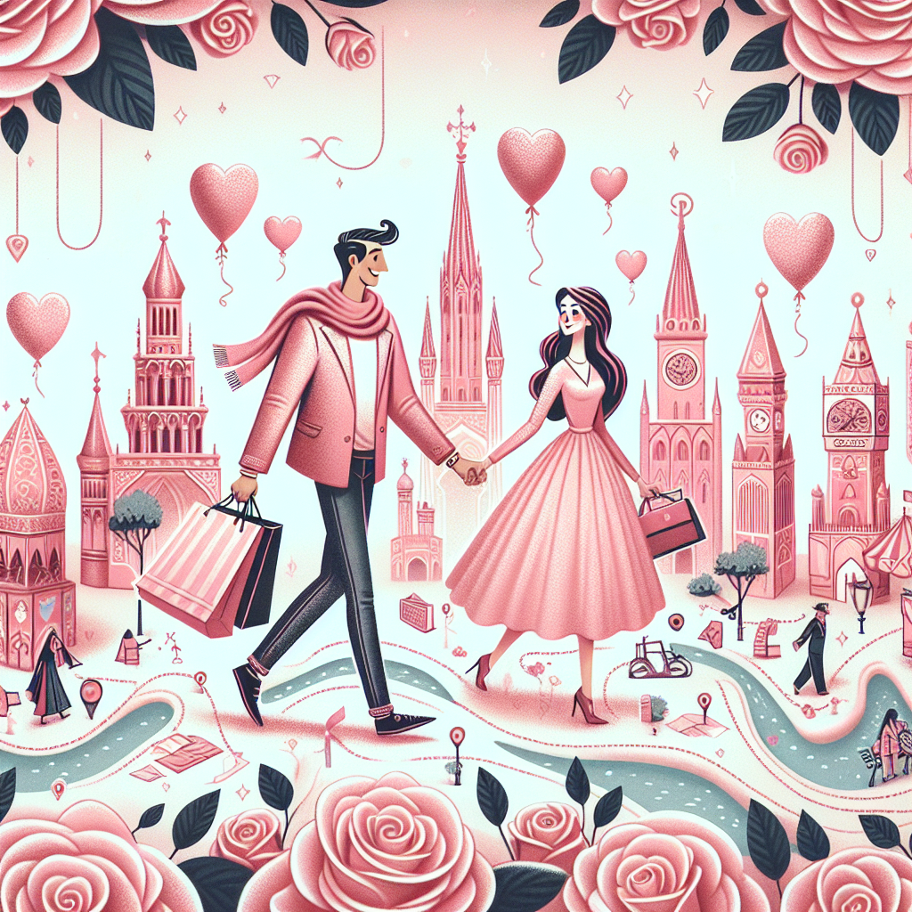 A charming illustration set in a soft pink backdrop, showcasing a Caucasian woman and a Middle-Eastern man holding hands while navigating through a whimsical map bustling with landmarks symbolizing love. Beautiful pink roses adorn the upper and lower edges of the illustration, representing romance and affection. The couple appears to be on an enchanting quest, their journey marked with tiny shopping bags and heart-shaped balloons, suggestive of a Valentine's Day shopping excursion across fantastical, unfamiliar locations.
Generated with these themes: Pink roses, Travelling , and Shopping.
Made with ❤️ by AI.
