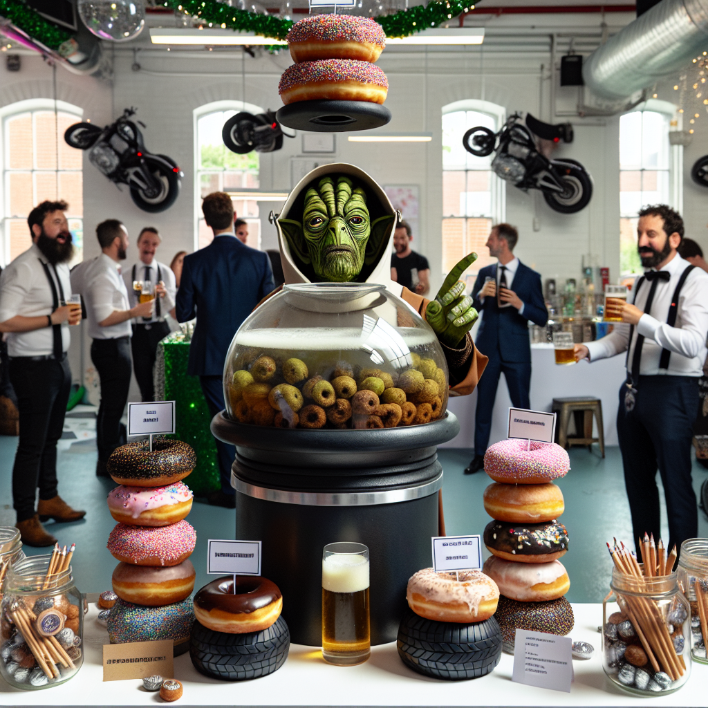 Imagine a room buzzing with joy as guests step into an extraordinary birthday setting. A dedicated 'doughnut station' is set up in one corner where assorted sprinkled and glazed doughnuts are displayed on distinctive stands that mimic motorbike tires. At the heart of the room, a person dressed like a wise green alien from a cinematic universe converses with attendees, dispensing humorous advice and occasionally taking a sip from his stein, creating a beer-infused faux mustache. Scattered in the room, guests can find jars full of pencils, each affixed with witty quotes, encouraging guests to write down their most amusing birthday wishes.
Generated with these themes: Doughnuts, Motorbikes, Yoda, Beer, and Pencils.
Made with ❤️ by AI.
