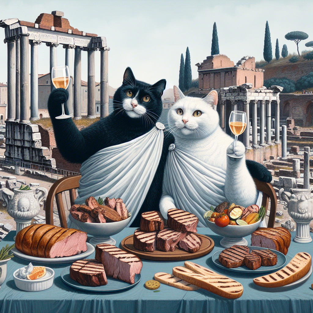 Generate an image showcasing a whimsical portrait of a black and a white cat couple. They are in the midst of a cozy BBQ picnic amidst the crumbling ruins of an ancient Roman forum. The feline pair is garbed in togas, signifying a connection to their historical setting. They raise glasses in a toast while savoring their assortment of exquisitely grilled meats. The background embodies the concept of timeless love, fusing elements of history with the joy of festive dining.
Generated with these themes: White and Black cat, Romans, History, Meat, and BBQ.
Made with ❤️ by AI.