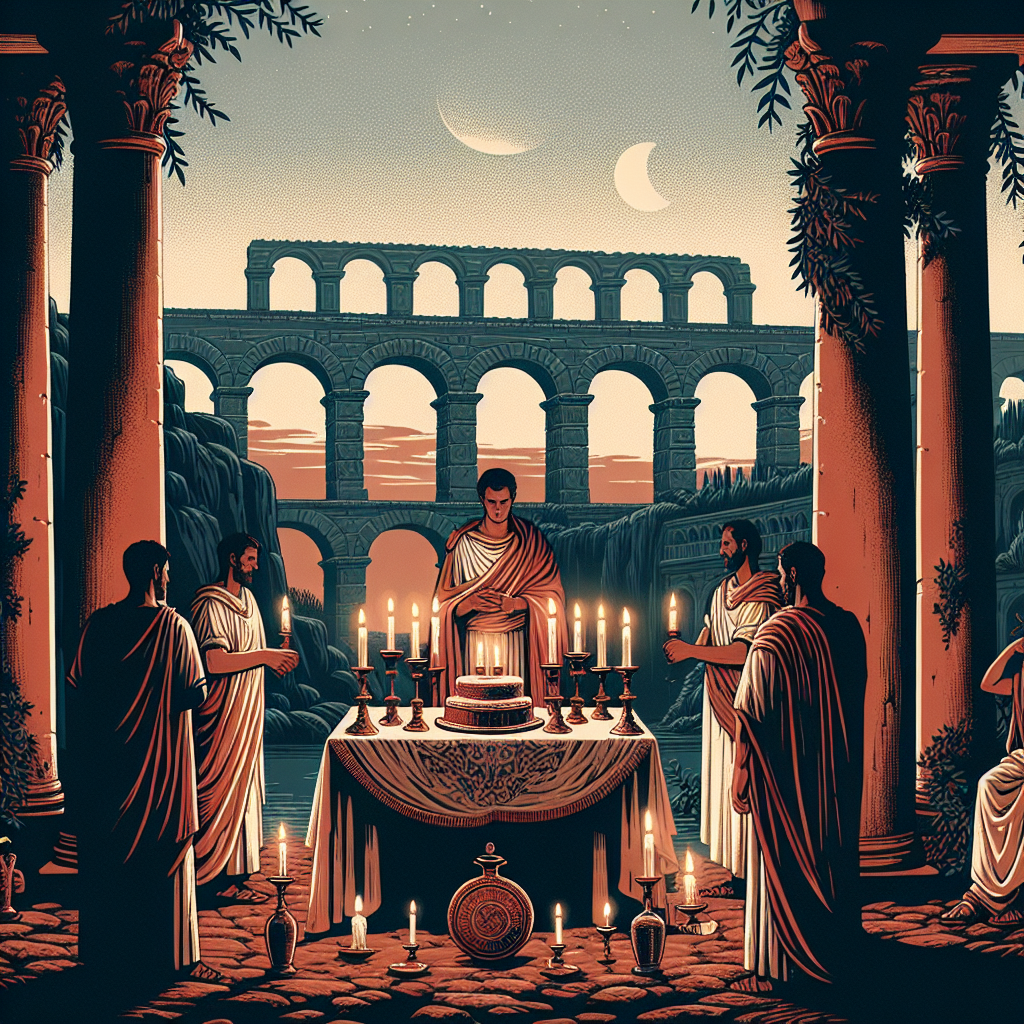 Create a somber illustration set in ancient Rome showcasing a birthday celebration. At the centre foreground, a Middle-eastern Roman noble, attired in a traditional toga, stands in front of an altar. The altar is topped by a simple cake, decorated with oil lamps in place of candles. The setting includes stone columns adorned with ivy around the scene. In the distance, under a twilight sky, the silhouette of an aqueduct can be discerned. The colour palette leans towards muted, incorporating deep reds and earthy tones, amplifying the solemnity indicative of the era.
Generated with these themes: Ancient Rome .
Made with ❤️ by AI.