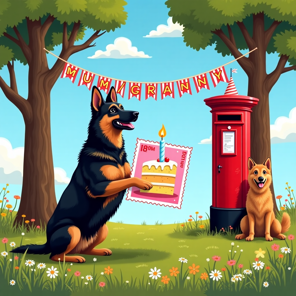 **Front Cover Description:**

In the foreground, place a black and tan German Shepherd playfully holding a giant postage stamp between its paws. The stamp features a vivid illustration of a slice of birthday cake with a single, lit candle on top. The candle wax drips slightly, with colors in deep blues and vibrant pinks. The cake's frosting appears fluffy and luscious, in alternating layers of white and pastel yellow.

Behind the German Shepherd, depict a grassy field dotted with colorful wildflowers. Sprinklings of daisies and buttercups add bursts of white and yellow among the rich, green grass. A clear, cerulean sky stretches above, dotted with fluffy cumulus clouds that appear almost touchable.

In the background, another German Shepherd sits elegantly near a classic red British postbox. The postbox is adorned with a small party hat perched on its top. Its glossy red surface reflects the sunlight.

A decorative banner hangs between two sturdy oak trees, with branches stretching out towards one another. The banner reads “Mum/Granny” in bold, whimsical letters. The text is in a cheerful red and white stripe pattern, reminiscent of a candy cane, which stands out against the leafy green backdrop of the trees.

The entire scene is bursting with realistic details — from the texture of the German Shepherds’ fur to the fine detailing on the stamp — bringing this lively birthday scene to life on the card's front cover.
Generated with these themes: Black and Tan German Shepherds and postage stamp.
Made with ❤️ by AI.