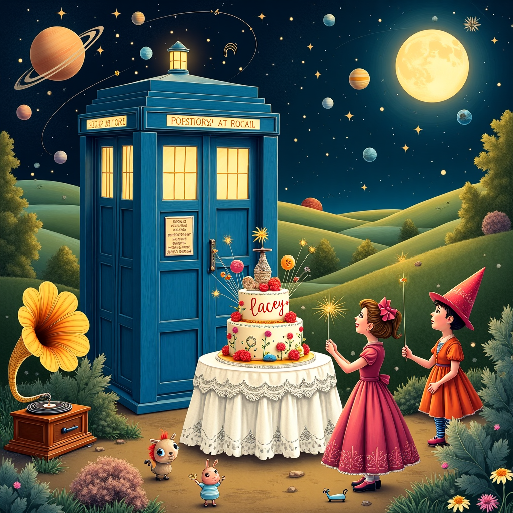 In the foreground of the greeting card, a whimsical, hand-drawn TARDIS stands proudly in the middle of a vibrant and eccentric party scene. The TARDIS, its iconic blue color deep and rich, is open, with a warm, golden light spilling out onto the ground, creating an inviting glow. Surrounding the TARDIS are intricate gears and swirling galaxies, reminiscent of Aubrey Beardsley's detailed lines, all woven together to form a fantastical backdrop.

To the left, a vintage gramophone plays a silent symphony of stars, with ethereal musical notes drifting into the air, transforming into shooting stars that arc across the deep indigo sky. The sky is dotted with planets, each one illustrated with meticulous detail akin to the works of Gustave Doré, adding a sense of cosmic grandeur.

In the center, a large, lavishly decorated birthday cake sits atop a table, covered in lace reminiscent of Beatrix Potter's gentle style. The cake is adorned with celestial motifs, planets orbiting on slender wires, and a miniature Dalek, painted with shimmering metallic hues. The text "Our sister Lacey" elegantly loops around the base of the cake, written in delicate, Victorian-style script, intertwining with vines and blossoms.

To the right, characters inspired by Maurice Sendak’s playful and expressive style, don a mix of vintage and futuristic attire, celebrating with sonic screwdrivers raised like sparklers. Their clothing is a riot of colors—deep emeralds, warm burgundies, and vibrant sapphires—contrasting with the sepia-toned background, lending the scene a timeless, fantastical charm.

In the backdrop, rolling hills inspired by Maxfield Parrish's dreamy landscapes fade into the distance, their colors shifting from lush green to twilight purples. A moon, large and luminescent, hangs low, casting soft light over the party, while whimsical creatures peep out from behind rocks and trees, their eyes twinkling with curiosity.

This surreal yet detailed scene, combining the imaginative elements of Doctor Who with the delicate, illustrative styles of classic artists, creates an enchanting birthday greeting card cover.
Generated with these themes: Doctor Who .
Made with ❤️ by AI.