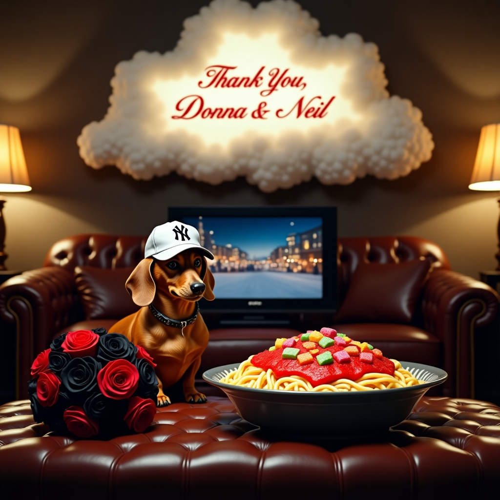 The scene is set in an opulent, elegantly designed indoor living room featuring a plush, dark leather couch that almost shines under the soft glow of ambient lighting. On this couch, a brown Dachshund with an adorable baseball cap sporting the New York Yankees logo sits proudly, its tail wagging with enthusiasm. The dog seems to have one eye on the TV screen where a Hallmark Christmas movie plays, showcasing a snowy village adorned with twinkling lights. Beside the Dachshund, there's an extravagant, large ceramic bowl overflowing with spaghetti generously smothered in vibrant red sauce. The top of the pasta is whimsically decorated with colorful square gummies, adding a playful touch to the scene. On the coffee table in front of the couch, a striking wedding bouquet composed of mainly black roses with a few exotic red blooms peeks over, its elegance contrasting beautifully with the colorful mess of gummies. Above the TV, in place of a typical wall decoration, is a large banner designed to look like a cloud formation with soft, fluffy edges. Within the cloud, written in elegant script, are the words "Thank You, Donna & Neil," gently backlit to appear as if they’re glowing warmly. This imaginative living room scene brings together an unexpected mix of elements in a fun and heartwarming way.
Generated with these themes: Brown Dachshund, New York Yankees, Large bowl of pasta with red sauce topped with square gummies , Mainly Black with some Red flowers in elegant but exotic wedding Bouquet, Hallmark Christmas Movies on tv screen, and Indoor elegant living room couch.
Made with ❤️ by AI.