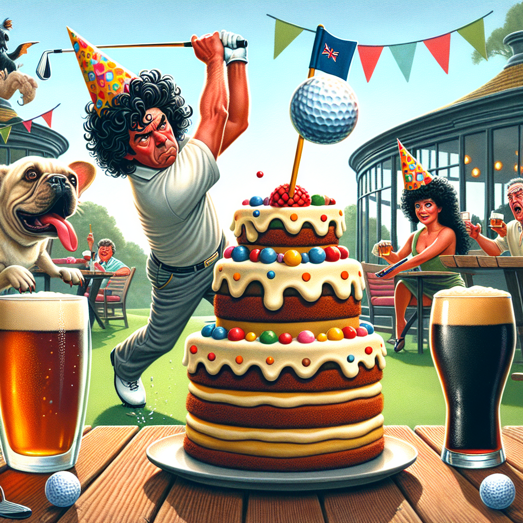 An amusing birthday illustration presents a professional golfer with curly, dark hair dressed in iconic golf attire as he humorously swings at a golf ball that's shaped like a mouth-watering, multi-layered birthday cake. An inquisitive French Bulldog, donned with a colorful party hat, eagerly tries to catch the 'cake ball'. Simultaneously, a Golden Retriever with a focused gaze holds a flagstick tightly in its mouth, the end of which bears a flag with the celebrant's age. The backdrop consists of a lively outdoor cafe setting where anthropomorphic coffee mugs cheer at the quirky scene, and a pint of dark stout beer rests securely on a wooden table, symbolizing a toast to the jubilant occasion.
Generated with these themes: Golf , Rory McIlroy, French Bulldog, Golden Retriever , Coffee , and Guinness .
Made with ❤️ by AI.