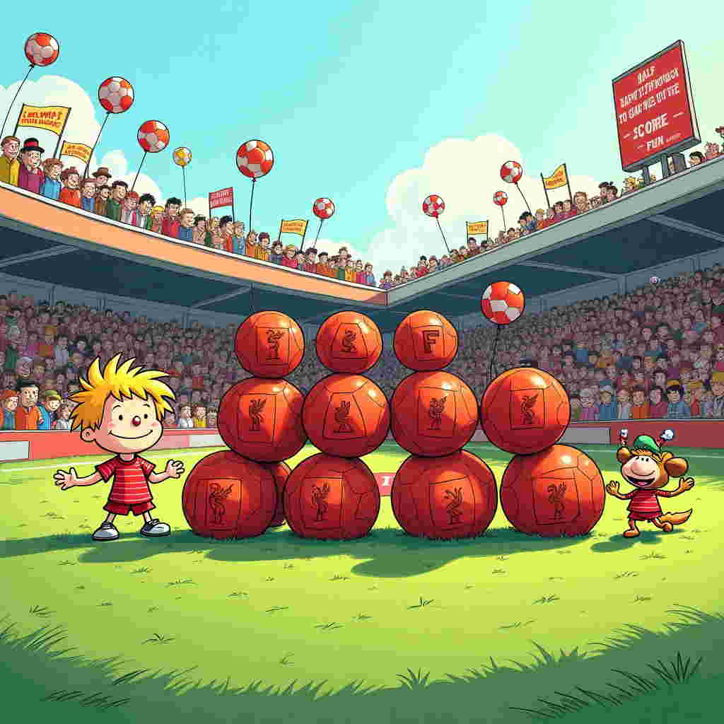 In the center of a vibrant football pitch, a quirky celebration unfolds, inspired by the playful charm of Bill Watterson’s "Calvin and Hobbes." The scene is bathed in the afternoon sun, casting long shadows across the lush green field. At the forefront, there is a delightful parade of footballs—each with the iconic red color and liver bird logo of Liverpool FC—artfully arranged to spell out "Happy Half Birthday!" The balls are stacked in a way that suggests movement, as if they are bouncing with glee across the pitch.

To the left, a young boy, reminiscent of Calvin from "Calvin and Hobbes," stands triumphantly wearing an oversized Liverpool jersey, a cheeky grin on his face. His hair is tousled as though he has been running around the field. Next to him, a small, cartoonish dog with floppy ears and a wagging tail sports a tiny Liverpool scarf. The dog is enthusiastically balancing a football on its nose, capturing a moment of pure, playful chaos.

In the background, a row of animated spectators—some reminiscent of Hergé’s Tintin characters with their expressive features—are seated on colorful bleachers. They wave flags and banners, some reading quirky phrases like "Halfway to Greatness!" and "Celebrate Like a Champion!" The crowd includes an array of characters: a man in a top hat, a bespectacled granny with binoculars, and a couple of school kids wearing beanies with Liverpool colors.

Floating above the scene are whimsical balloons, each designed to look like a mini football, adding an extra layer of festivity. A comically large scoreboard towers on the right side, humorously reading: "Halfway Through the Game of Life – Score: FUN!"

This lively scene is brimming with action and excitement, blending the spirit of a football match with the lighthearted humor of a half birthday celebration, creating a delightfully unique and engaging greeting card.
Generated with these themes: liverpool footballs in the shape of text saying Happy half birthday.
Made with ❤️ by AI.