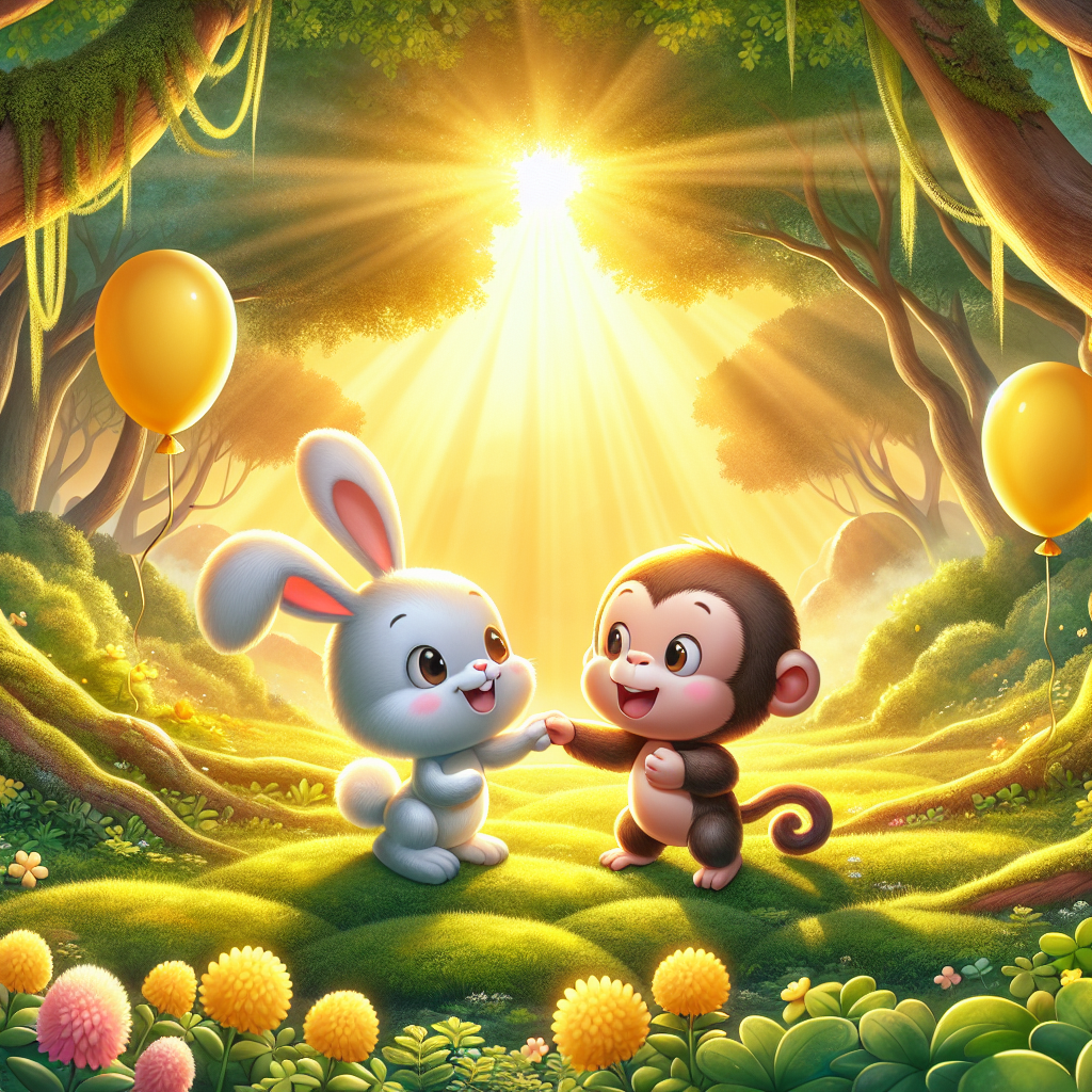 Picture a serene sunlit clearing, where a cartoon bunny and a cartoon monkey are engaged in an endearing pretend fight, their small paws and hands touching in an unthreatening manner against the backdrop of vibrant woodland scenery. The overhead canopy filters a soft, warm, yellow sunlight that illuminates and intensifies their lively antics. In the slight distance, balloons of varying yellow hues are gently bobbing, drifting over a tapestry of emerald moss and radiant clover beneath, subtly suggesting an ongoing birthday revelry in this playful and joyous forest environment.
Generated with these themes: Bunny, Monkey, Fighting, Woodland, and Yellow.
Made with ❤️ by AI.