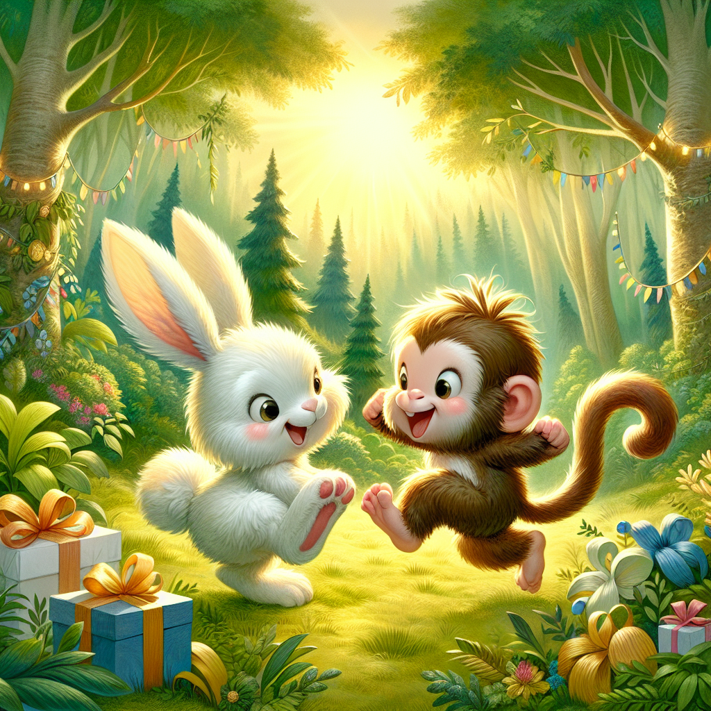 Create a whimsical and enchanting forest setting, bathed in the soft yellow tint of a sunrise. Within this scene, depict a fluffy, playful bunny with comically flopped ears, engaged in a friendly scuffle with a cheerful, energetic monkey whose tail is curled upwards in excitement. The animals' faces are full of good-hearted amusement rather than signs of aggression. Verdant foliage and trees surround them, emphasizing their natural habitat. Behind them, a collection of beautifully wrapped birthday presents are visible, hinting at the ongoing celebration and adding a touch of festive charisma to the whole illustration.
Generated with these themes: Bunny, Monkey, Fighting, Woodland, and Yellow.
Made with ❤️ by AI.