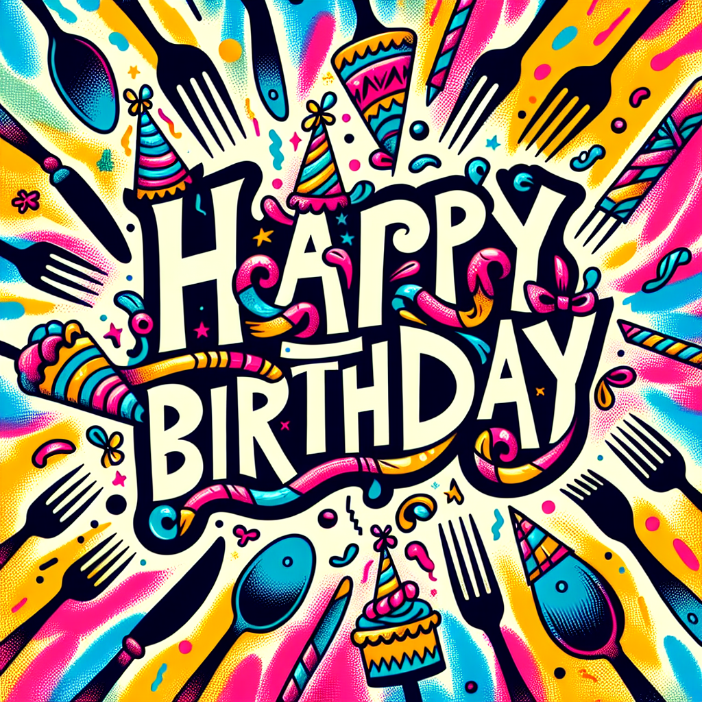 Create a playful vector image illustrating a birthday theme. The background should be filled with an array of vibrant tie-dye patterns, giving off a lively and energetic ambience. Spilling over around the edges are charming graphics of cutlery - forks, knives, and spoons - each decorated with miniature party hats, prancing about as if in a state of celebration. The center of the image should hold the main spotlight, where bold cut-out letters come together to spell the words 'Happy Birthday'. These letters should borrow inspiration from the energetic and youthful style akin to popular high energy teen movies.
Generated with these themes: Cutlery, Tie dye , and High school musical.
Made with ❤️ by AI.