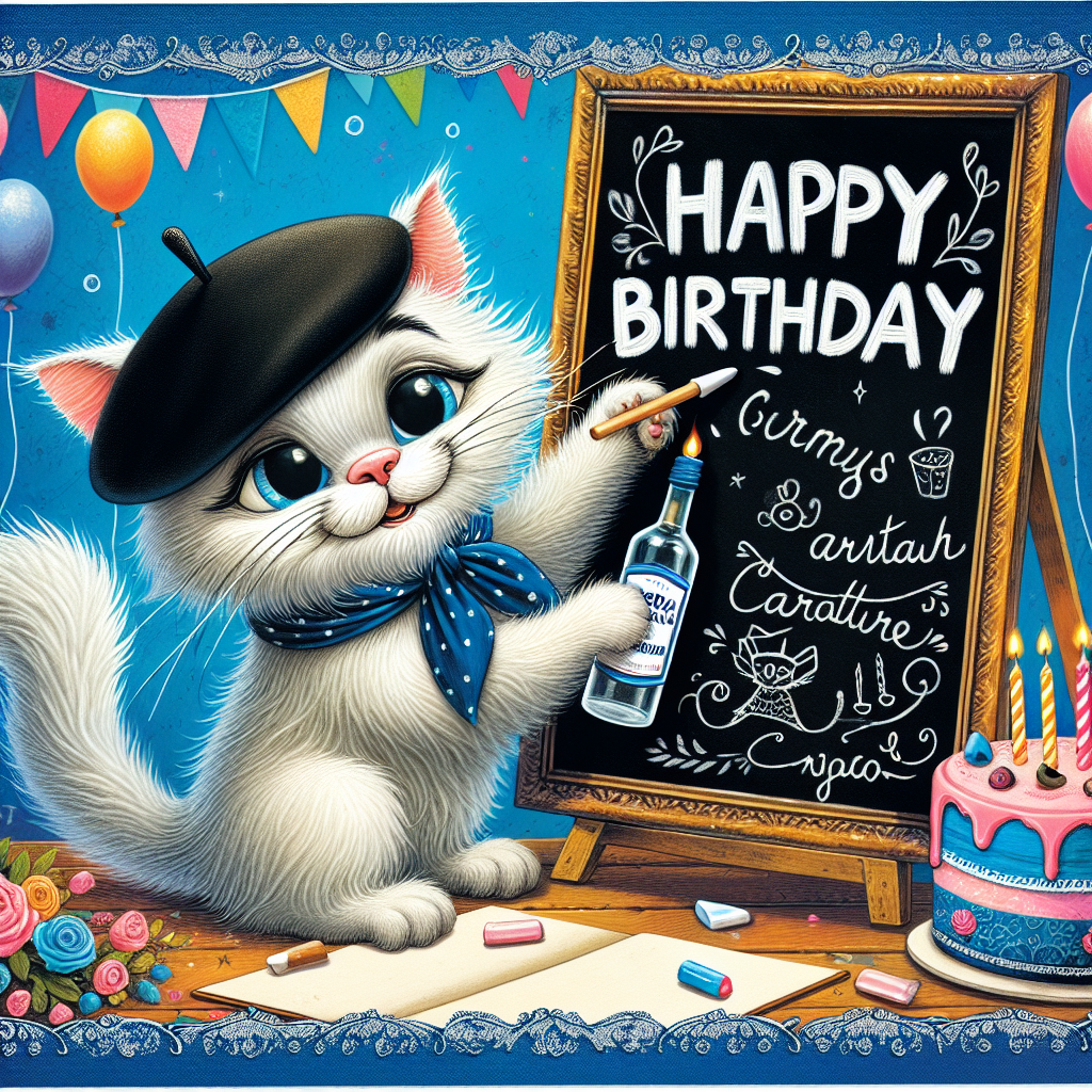 Design a whimsical birthday card decorated with the illustration of a cartoon cat of indistinct descent, donned in a beret and a neckerchief, balancing a petite bottle of vodka in one paw. With the other paw, the feline is prepared to sketch, using a chalk stick, a 'Happy Birthday' message written creatively in both French and Spanish on a blackboard backdrop. The scene is accentuated by joyful balloons and an elaborate cake graced with a glowing candle. All the elements of the image are playfully placed against a vivid sky-blue background that augments the festive atmosphere.
Generated with these themes: Travel, Cats, Vodka, French, Spanish, and Teaching.
Made with ❤️ by AI.