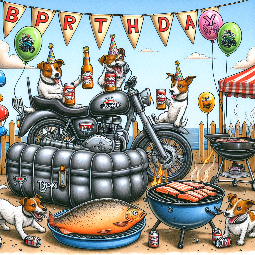 Illustrate a comical birthday scene. An oversized inflatable motorbike serves as a cooler, the saddlebags brimming with chilly cans of Tyski beer. A whole salmon, seasoned exquisitely, is cooking on the BBQ grill, attracting a gathering of eager Jack Russell terriers. These terriers are all dressed up for the party, wearing hats adorned with tiny motorbike designs. The birthday banner ripples in the wind overhead, while balloons, themed around bikes, bounce in the air.
Generated with these themes: Tyski beer, Motor bikes , Whole salmon, and Jack russels.
Made with ❤️ by AI.