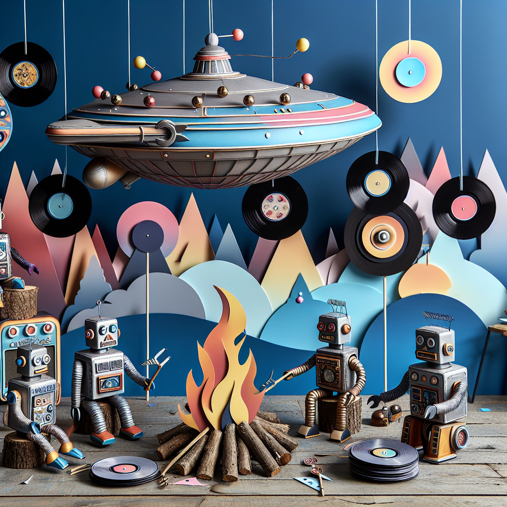 Create a unique birthday celebration setting with abstract art and delightful details. Picture a rustic campfire scene with sleek, futuristic robots casually toasting vinyl records on sticks, channeling a rockabilly aesthetic. The backdrop features an assortment of colourful, abstract shapes- geometric and free-form, creating a playful, eclectic atmosphere. Suspended above the scene is a stylized spaceship, designed with charming embellishments, symbolizing a sense of otherworldly exploration and adventure. Every element of the scene contributes to the whimsical and distinctive birthday atmosphere.
Generated with these themes: Camping, Robots, Records , Rockabilly, and Spaceship .
Made with ❤️ by AI.
