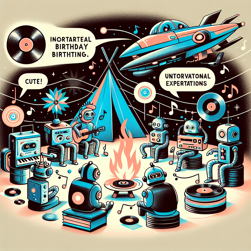 Craft a surreal birthday setting where the abstract meets the cute. At the heart of this scene, envision a campsite that's been uniquely translated with cyborg campers huddling around a 'fire' made from vinyl records. Unconventional rockabilly music notes whimsically swirling in the atmosphere, and an exaggerated cartoon-style spaceship suspends overhead, poised to voyage into untold expeditions. This illustration should capture an entertaining, yet abstract tone, resonating a distinctive birthday atmosphere.
Generated with these themes: Camping, Robots, Records , Rockabilly, and Spaceship .
Made with ❤️ by AI.