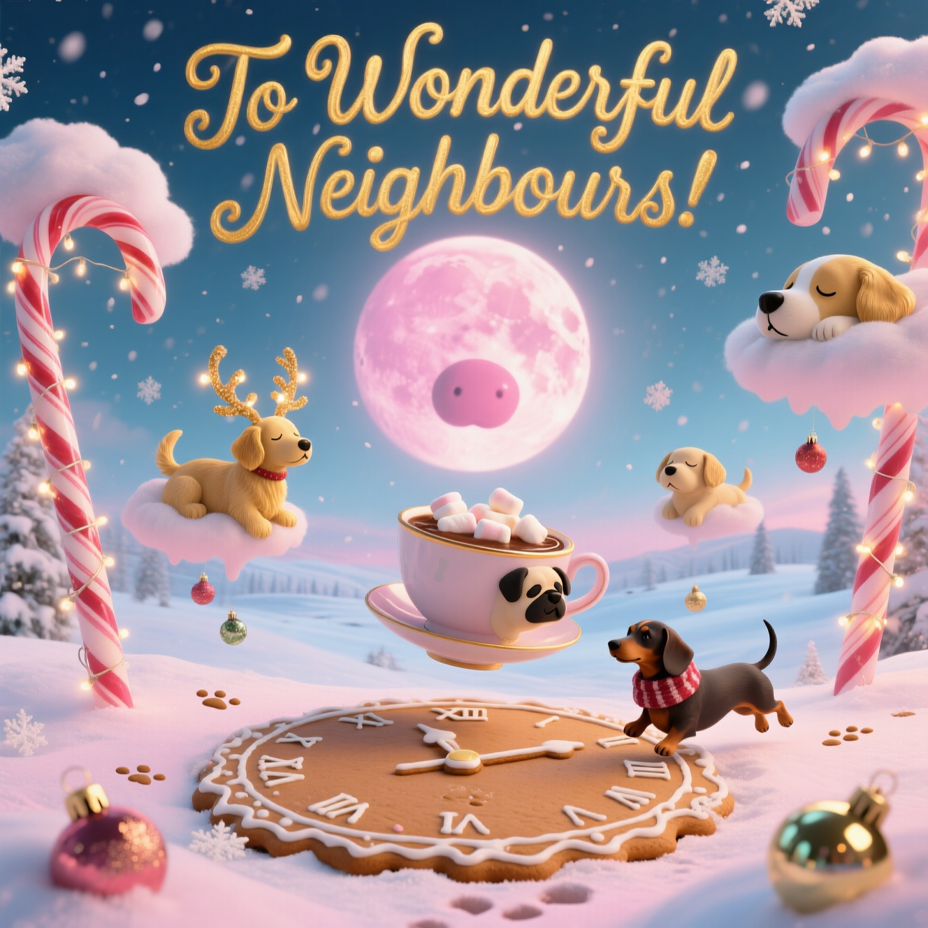 At the top of the Surreal Style image, write in whimsical, curling golden letters: **To Wonderful Neighbours**.  

A dreamlike, snowy wonderland where enormous candy canes sprout from clouds shaped like sleeping puppies, and gentle golden retrievers with antlers made of twinkling Christmas lights float through the air as if swimming in a soft sea of snowflakes. The ground is an endless melting clock-face made of gingerbread, with tiny paw prints walking into the horizon. In the distance, a giant moon shaped like a dog’s nose glows warm and pink, casting an ethereal shimmer over the scene. Snowflakes drift down, but each flake is a miniature Christmas ornament reflecting the surreal landscape. A giant teacup, filled with hot chocolate and marshmallows shaped like pugs, hovers mid-air while dachshunds wrapped in scarves chase each other along its rim. The entire scene glows with soft pastel pinks, icy blues, and warm golds, creating a magical, cute, and slightly bizarre Christmas dreamscape.  

Would you like me to now also create **three alternative surreal cute dog Christmas card prompts** in case you want a set?
Generated with these themes: Dogs, and .
Made with ❤️ by AI.