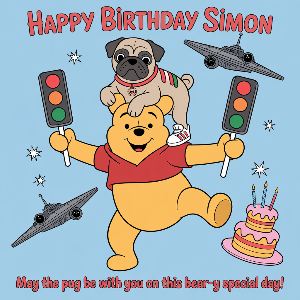 Black pug called George, Adidas sneakers, Giant Winnie the Pooh, Traffic light lollies, Star Wars , and Birthday Card