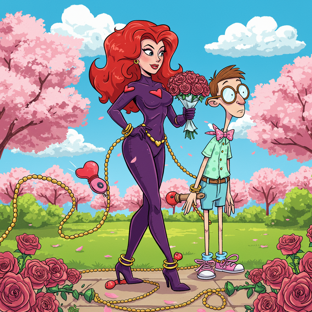**Visual Scene Description for Valentine's Day Card:**

**Background:** A whimsical cartoon-style park scene with vibrant colors. The sky is a bright cerulean blue with fluffy, exaggerated cotton-candy-like clouds. In the background, cherry blossom trees, reminiscent of Hergé's clean line style, are in full bloom, their pink petals scattered whimsically across the scene.

**Foreground Characters:** 
- **Dominant Woman:** Standing confidently at the center, the woman has an exaggerated, superhero-like posture inspired by Osamu Tezuka's bold characters. Her hair is vibrant red, flowing like a fiery cascade. She's dressed in a sleek, deep purple catsuit adorned with whimsical heart motifs, channeling a slight Disney villain flair. Her hands, adorned with golden rings, hold a bouquet of exaggeratedly large roses in one and a vibrant red vibrator in the other.

- **Submissive Man:** Positioned to the side, the man is cartoonishly lanky, a nod to R. Crumb’s exaggerated forms. He is wearing oversized glasses and a polka-dot bow tie, with a blindfold resting atop his head. His attire is a playful mix of pastels—mint green shirt, baby blue pants, and oversized pink shoes—exuding a Calvin and Hobbes-like playfulness.

**Interactive Elements:** 
- **Roses and Ropes:** At the feet of the woman, roses entwined with ropes form a decorative border around her, leading up to the man, whose shoes are humorously tied together with a bow of the same rope.
  
- **Stewl Beaded Chain:** A long, exaggerated stewl beaded chain dangles from the woman’s belt, catching the sunlight in sparkly, mirrored reflections, reminiscent of Winsor McCay’s intricate detailing.

- **Wedgies and Atomic Wedgie:** The man's pants are humorously lifted in an atomic wedgie, with polka-dot boxers on display, showcasing the kind of visual gag that Gary Larson would appreciate. The waistband of the boxers has the name "Ryan" boldly printed across it in playful, bubbly letters.

**Decorative Elements:** 
- **Text Element:** A festive, heart-shaped banner unfurls in the sky above the scene, adorned with tiny, cheerful cartoon birds inspired by Charles Schulz. The banner reads "Happy Valentine's Day!" in bold, swirling pink letters.

**Overall Composition:** 
The scene is a lively blend of bold colors and exaggerated cartoon features, creating a dynamic composition full of quirky, unexpected details. Each element is a playful nod to classic cartoon styles, wrapped in a lighthearted, Valentine’s Day theme that combines humor and vibrant visuals.
Generated with these themes: Dominant woman and submissive man, Roses, Ropes , Blindfold, Vibrator , Stewl beaded chain, Wedgies, and Atomic wedgie.
Made with ❤️ by AI.