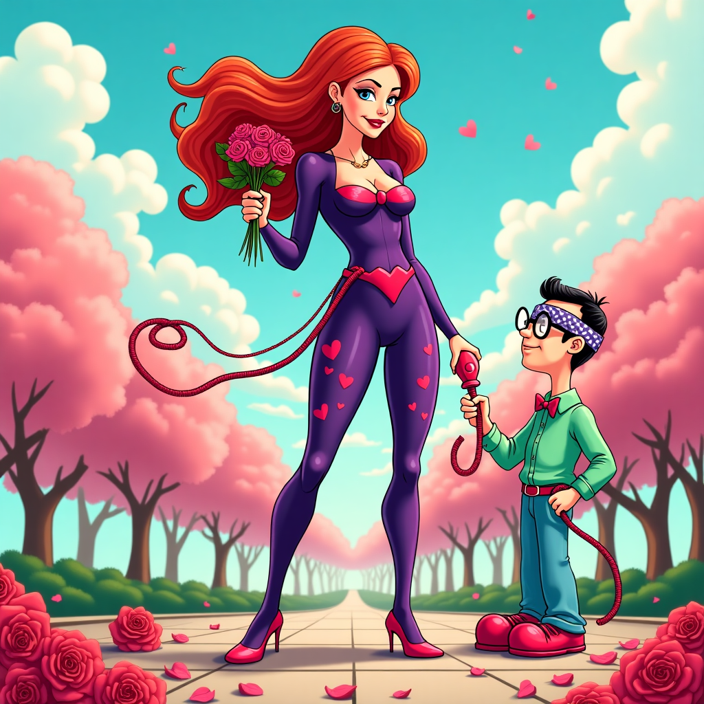 **Visual Scene Description for Valentine's Day Card:**

**Background:** A whimsical cartoon-style park scene with vibrant colors. The sky is a bright cerulean blue with fluffy, exaggerated cotton-candy-like clouds. In the background, cherry blossom trees, reminiscent of Hergé's clean line style, are in full bloom, their pink petals scattered whimsically across the scene.

**Foreground Characters:** 
- **Dominant Woman:** Standing confidently at the center, the woman has an exaggerated, superhero-like posture inspired by Osamu Tezuka's bold characters. Her hair is vibrant red, flowing like a fiery cascade. She's dressed in a sleek, deep purple catsuit adorned with whimsical heart motifs, channeling a slight Disney villain flair. Her hands, adorned with golden rings, hold a bouquet of exaggeratedly large roses in one and a vibrant red vibrator in the other.

- **Submissive Man:** Positioned to the side, the man is cartoonishly lanky, a nod to R. Crumb’s exaggerated forms. He is wearing oversized glasses and a polka-dot bow tie, with a blindfold resting atop his head. His attire is a playful mix of pastels—mint green shirt, baby blue pants, and oversized pink shoes—exuding a Calvin and Hobbes-like playfulness.

**Interactive Elements:** 
- **Roses and Ropes:** At the feet of the woman, roses entwined with ropes form a decorative border around her, leading up to the man, whose shoes are humorously tied together with a bow of the same rope.
  
- **Stewl Beaded Chain:** A long, exaggerated stewl beaded chain dangles from the woman’s belt, catching the sunlight in sparkly, mirrored reflections, reminiscent of Winsor McCay’s intricate detailing.

- **Wedgies and Atomic Wedgie:** The man's pants are humorously lifted in an atomic wedgie, with polka-dot boxers on display, showcasing the kind of visual gag that Gary Larson would appreciate. The waistband of the boxers has the name "Ryan" boldly printed across it in playful, bubbly letters.

**Decorative Elements:** 
- **Text Element:** A festive, heart-shaped banner unfurls in the sky above the scene, adorned with tiny, cheerful cartoon birds inspired by Charles Schulz. The banner reads "Happy Valentine's Day!" in bold, swirling pink letters.

**Overall Composition:** 
The scene is a lively blend of bold colors and exaggerated cartoon features, creating a dynamic composition full of quirky, unexpected details. Each element is a playful nod to classic cartoon styles, wrapped in a lighthearted, Valentine’s Day theme that combines humor and vibrant visuals.
Generated with these themes: Dominant woman and submissive man, Roses, Ropes , Blindfold, Vibrator , Stewl beaded chain, Wedgies, and Atomic wedgie.
Made with ❤️ by AI.