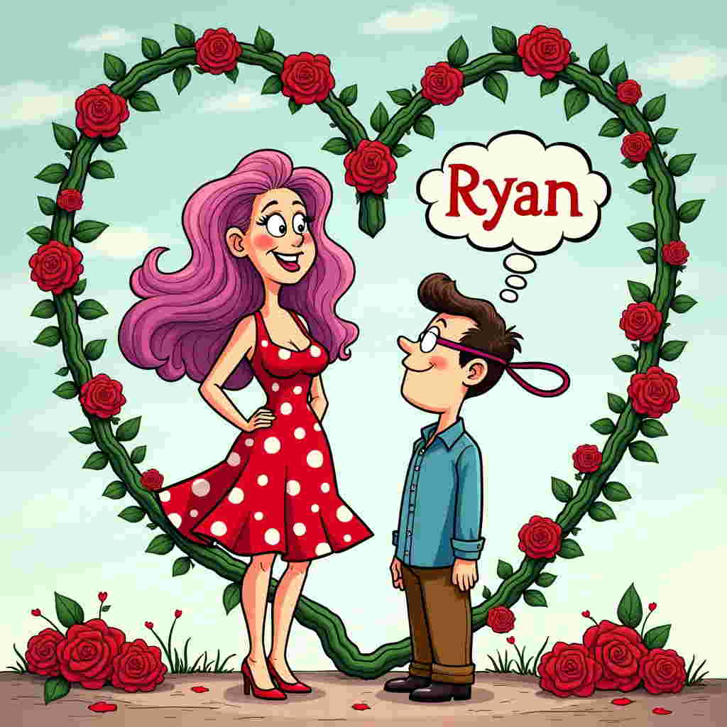 In the foreground of this Valentine's Day scene, a dominant woman with exaggerated features stands confidently. She's drawn in a cartoon style reminiscent of Charles Schulz or Bill Watterson, with large, expressive eyes and a mischievous grin. She wears a bright red dress with polka dots, adorned with roses at the hem. Her hair is voluminous, flowing wildly like a mane, and is a vibrant shade of magenta.

Beside her, a submissive man is depicted with wide, round eyes, his face a cartoonish shade of light pink. He wears a simple outfit of a blue shirt and brown pants, exaggeratedly pulled up in a playful atomic wedgie, which stretches comically towards the sky. A whimsical, vibrating motion is illustrated around him, suggesting the presence of a vibrato device.

Around them, ropes form a playful heart shape, twisting and looping exaggeratedly in a style inspired by Winsor McCay. The ropes are a deep, contrasting green, and they're intertwined with a colorful stew of beaded chains—each bead an eye-catching mix of rainbow colors.

To one side, a blindfold is humorously illustrated in a bright purple, dangling from a rose vine. The roses themselves are cartoonishly oversized, their petals a vivid red with glossy highlights that catch the light. This vine winds around the scene, adding a touch of elegance.

In the sky, cartoon clouds spell out "Ryan" in a fun, bubbly font, reminiscent of Walt Disney's style, with each letter surrounded by a playful flurry of hearts and stars. The background is a soft pastel blue, with subtle hints of pink and yellow streaks creating a warm, inviting atmosphere.

All elements are tied together in a cohesive, lively illustration, echoing the playful and humorous influences of Gary Larson and R. Crumb, while maintaining a romantic and vibrant aesthetic.
Generated with these themes: Dominant woman and submissive man, Roses, Ropes , Blindfold, Vibrator , Stewl beaded chain, Wedgies, and Atomic wedgie.
Made with ❤️ by AI.