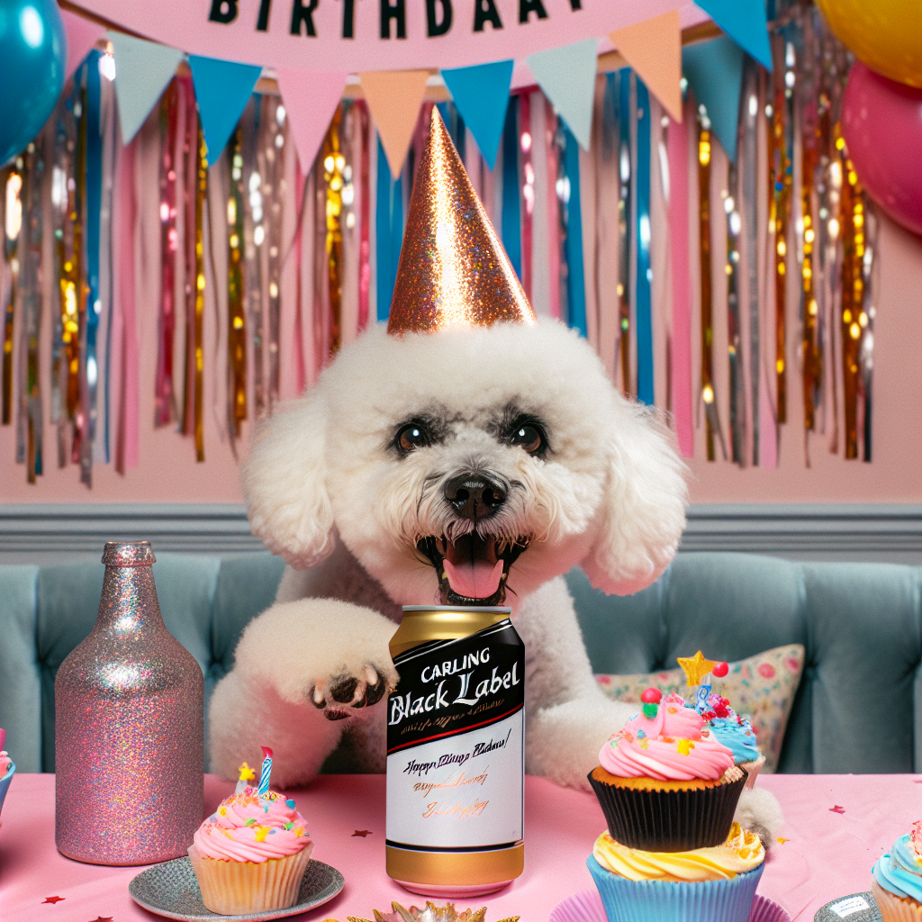 A mischievous Bichon Frise steals the show at a lively birthday celebration, humorously consuming Carling Black Label from a can that it clutches gently in its paw. The amusing scenario unfurls against a backdrop of pastel tones, dotted with classic birthday decorations: glittering streamers, vibrantly colored party hats, and a array of deliciously decorated cupcakes. The dog's broad, adorable grin serves as the best testament to the atmosphere of pure joy that dominates the scene.
Generated with these themes: Bichon frise drinking cans of carling black label.
Made with ❤️ by AI.