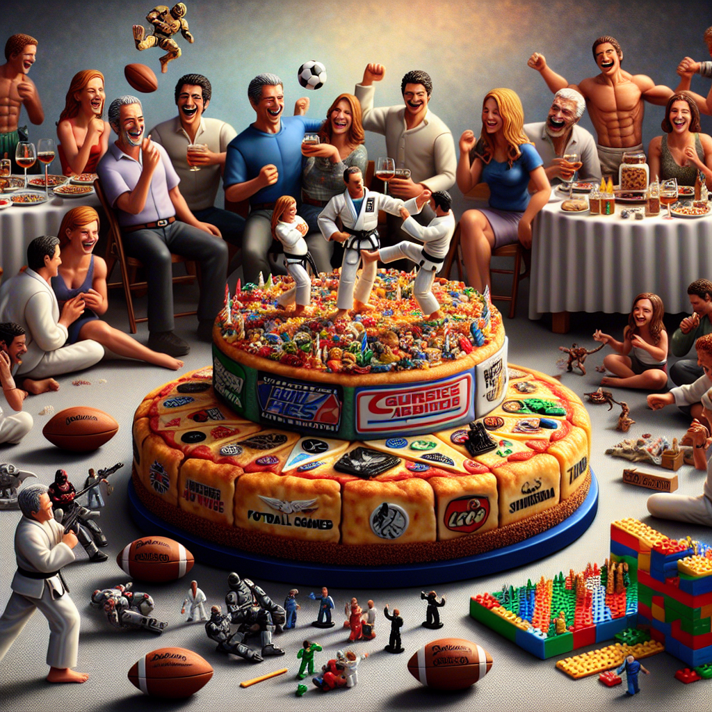Imagine a jovial and bustling birthday party scene teeming with joy and laughter. A creatively embellished cake takes center stage, crafted in the form of a pizza with each slice featuring hallmark elements from various interests. Football, Jiu Jitsu, well-known galactic-themed Sci-Fi movie, and a popular interlocking bricks-based construction toy. Guests laugh and chat while sporting playful masks based on a popular space opera movie series, and miniature figures from an interlocking toy theme are posed in dynamic martial art stances atop the cake. In one corner, inviting an amalgamation of physical games and creative activities, sits a pile of footballs alongside sets of the interlocking construction toys. This depiction aims to capture the light-heartedness, creativity, and the spirit of celebrations.
Generated with these themes: Pizza , Football, Jiu Jitsu, Star Wars , and Lego.
Made with ❤️ by AI.