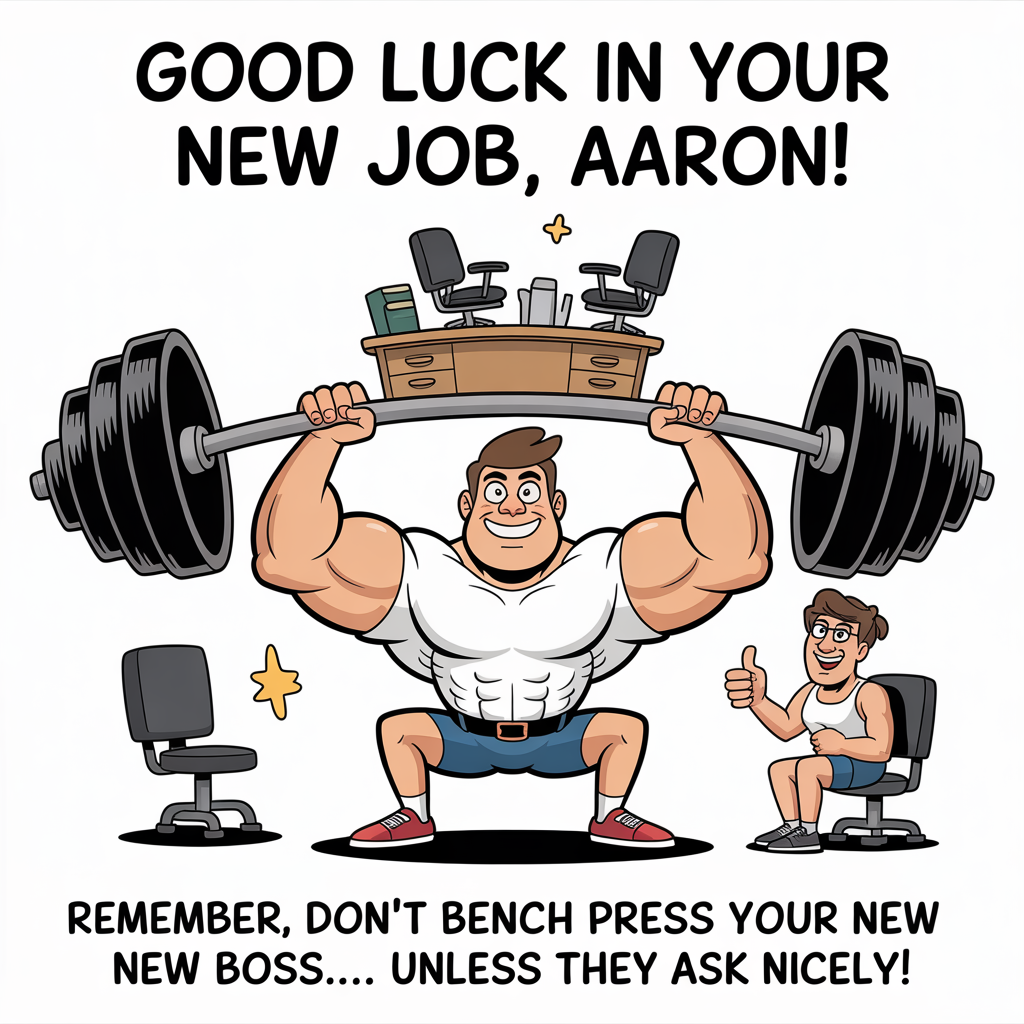 At the top of the image, "Good luck in your new job, Aaron!":

At the bottom of the image, "Remember, don't bench press your new boss... unless they ask nicely!"

- In the center of the image, depict a playful cartoon scene of Aaron, a muscular character with exaggerated biceps, confidently attempting to bench press a stack of office supplies with a comical expression of determination.
- A quirky, animated barbell adorned with miniature office desks and swivel chairs adds a humorous touch, while a friendly gym-goer in the background offers a thumbs-up.
Generated with these themes: Fitness, Weights, and .
Made with ❤️ by AI.