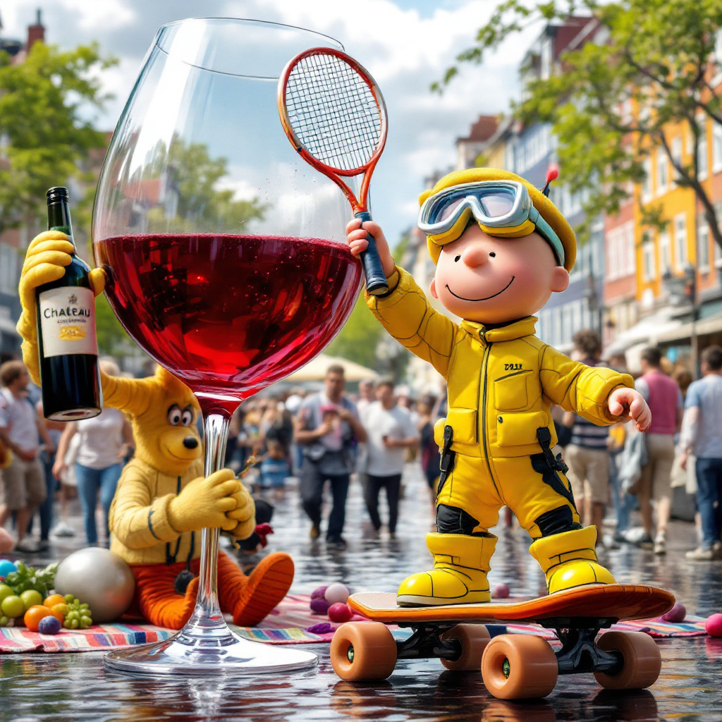 The scene opens in the vibrant heart of Copenhagen, where the colorful Nyhavn canal sets the backdrop for an extraordinary birthday escapade. In the foreground, a zany spectacle unfolds on the cobblestone street. A cartoon character, reminiscent of a whimsical combination of Calvin from "Calvin and Hobbes" and Charlie Brown, sports a bright yellow scuba diving suit with flippers and an oversized snorkel mask perched atop his head. He's balancing precariously on a tennis racket like a tightrope walker. The racket, though oversized and exaggerated in style, is functioning as a makeshift skateboard, its strings taut and comically straining under his weight.

To the left, a larger-than-life glass of red wine with a cheeky face and a little beret—taking inspiration from "The Far Side"—sits comfortably on a picnic blanket. The wine glass is animated, and it’s holding a racket in one hand while it pours itself a drink from a bottle labeled "Château Copenhagen 2023" with the other, grinning at the onlookers. In the distance, a crowd of cartoonish Danish bystanders, each holding a tennis racket, cheer on the shenanigans. Their expressions are exaggerated, with wide eyes and open mouths, capturing the bemused amusement of this unlikely sporting event.

Above, a parade of balloons shaped like tennis balls float in the air, casting playful shadows over the scene, while a vintage tram passes by with a banner reading "Happy Birthday from Copenhagen!" fluttering behind it. A small group of ducks wearing tiny scuba masks waddles near the canal, quacking in approval. The entire setting is bathed in the warm golden hues of a late afternoon sun, highlighting the whimsical chaos of this unique birthday celebration.
Generated with these themes: Scuba diving , Tennis , Red wine , and Copenhagen .
Made with ❤️ by AI.