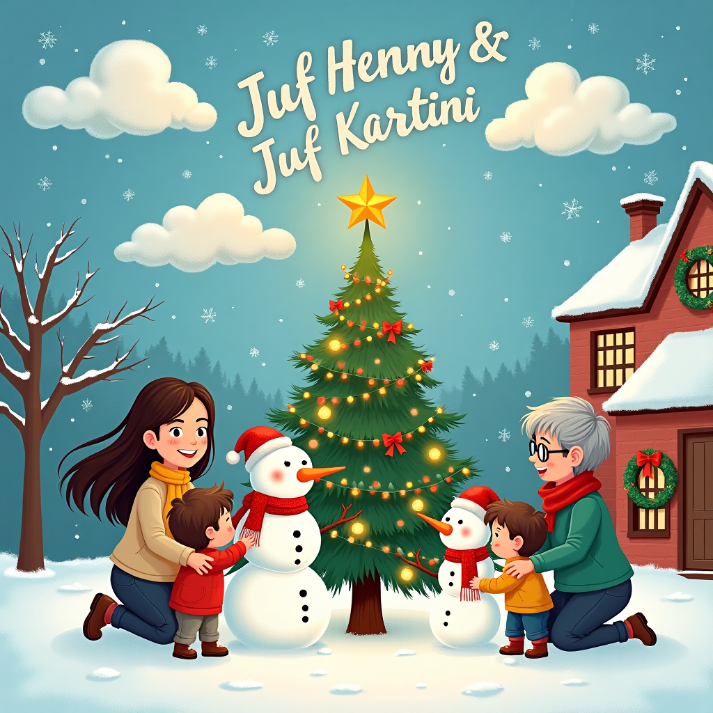 In the foreground of this whimsical Christmas card, imagine a charming school playground transformed into a winter wonderland. At the center stands a beautifully decorated Christmas tree, its branches adorned with twinkling fairy lights, glittering ornaments, and a shining star at the top. Surrounding the tree, a group of joyful children with bright smiles and rosy cheeks are busily engaged in building a snowman. The snowman is delightful, wearing a colorful scarf and a carrot nose, with buttons of coal and twig arms.

To the left, a woman with dark brown, long flowing hair, and light brown skin tone, is cheerfully guiding a small child as they attempt to hang a sparkling ornament on the tree's lower branches. Her expression is one of encouragement and warmth, capturing a tender moment of teaching and joy. Meanwhile, to the right, another woman with very short light brown and grey hair and a pair of stylish glasses, kneels beside another group of children, helping them to tie bright red ribbons into bows for the snowman's scarf.

Above this heartwarming scene, in the sky, fluffy clouds are playfully arranged to spell out "Juf Henny & Juf Kartini" in an elegant script, as if written by an invisible hand. The letters are formed from the shimmering white of the clouds, glistening under the soft light of a winter sun peeking through.

In the background, the silhouette of the quaint school building is partially visible, its windows festooned with wreaths and garlands. Tiny snowflakes gently fall from the sky, adding a touch of magic to the air, as if inviting the viewer to join in the festive celebration. This illustration brings together the warmth of the holiday spirit with the joy of learning, all captured in this delightful scene.
Generated with these themes: WoMan dark brown long hair, light brown skintone, Children, School, and Woman very short light brown and grey hair, pair of glasses.
Made with ❤️ by AI.