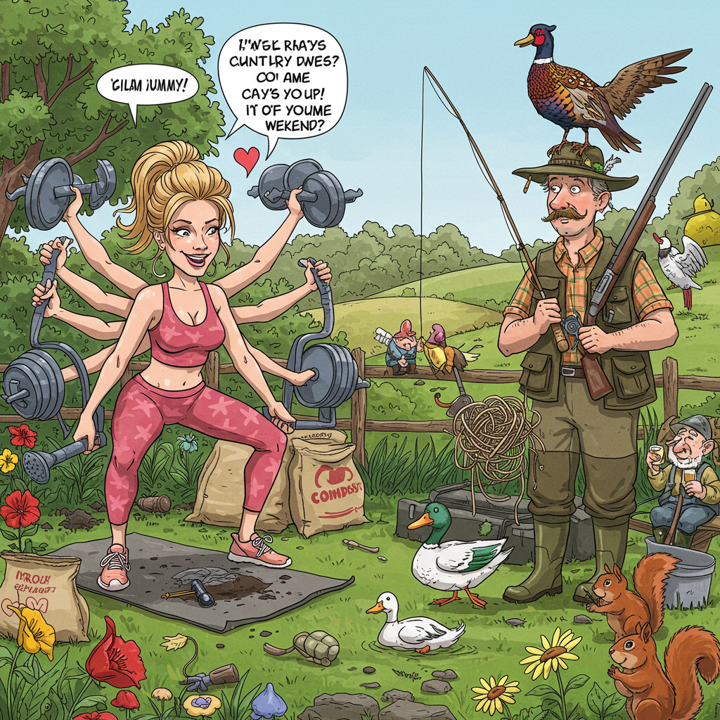 **Image Prompt:**

An illustration showing a split-scene humorous scenario. On the left side, a glam "yummy mummy" is multitasking with wild enthusiasm — wearing stylish workout gear while doing squats with a watering can in each hand, trying to deadlift a bag of compost, and accidentally planting flowers in her yoga mat. Her hair is perfectly styled despite the chaos, and she’s smiling triumphantly.

On the right side, her husband is living his countryside dream: decked out in fishing gear with a ridiculous feathered hat, tangled in fishing line while a duck pecks at his waders. Behind him, a pheasant perches smugly on top of his shotgun. He looks blissfully unaware, as if this is exactly how he envisioned their "peaceful" anniversary weekend.

The background shows exaggerated idyllic countryside with cheeky little visual gags — a heart-shaped cloud floating above, garden gnomes raising a toast, and squirrels watching like it’s a soap opera. The overall scene should be charmingly chaotic and playful, bursting with color and detail.
Generated with these themes: Yummy mummy exercising and gardening whilst husband is fly fishing and shooting.
Made with ❤️ by AI.