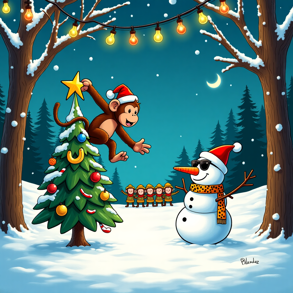 In a vibrant snow-dusted forest clearing, a hilariously festive tableau unfolds, inspired by the timeless charm of classic cartoonists. At the heart of the scene, a mischievous monkey, donned in a too-big-for-him red Santa hat, clambers atop a lopsided Christmas tree. The tree is whimsically decorated with an eclectic mix of ornaments: shiny baubles, a dangling banana, and candy canes. The monkey playfully swings from the star at the treetop, which comically tilts to one side, threatening to topple over.

Nearby, a snowman with a carrot nose and twig arms stands proudly. In a nod to Schulz's simplicity and Watterson's expressiveness, the snowman sports a broad grin and comically oversized sunglasses. In a playful twist, the snowman's scarf is a vibrant jungle print, a wink to the monkey's usual habitat.

Surrounding them, the landscape is blanketed in a thick layer of snow, artistically swirled and textured, reminiscent of McCay’s detailed work. In the background, cartoon-style pine trees stretch skyward, their branches heavy with snow, casting playful shadows on the ground.

In a delightful corner, a group of smaller monkeys form a choir, dressed in tiny elf outfits, singing with exaggeratedly open mouths, their song notes floating in the crisp winter air like Larson's whimsical style. A string of Christmas lights winds through the trees, each bulb a different quirky shape—stars, bananas, and jungle leaves—glowing warmly against the wintry backdrop.

Overhead, the sky is a twilight blue, dotted with a few twinkling stars and a crescent moon, adding a touch of Eisner's atmospheric genius. The scene bubbles with playful energy, merging the unlikely elements into a Christmas card that captures both the humor and warmth of the season.
Generated with these themes: Tree, Winter, Snowman, Christmas, and Monkey.
Made with ❤️ by AI.