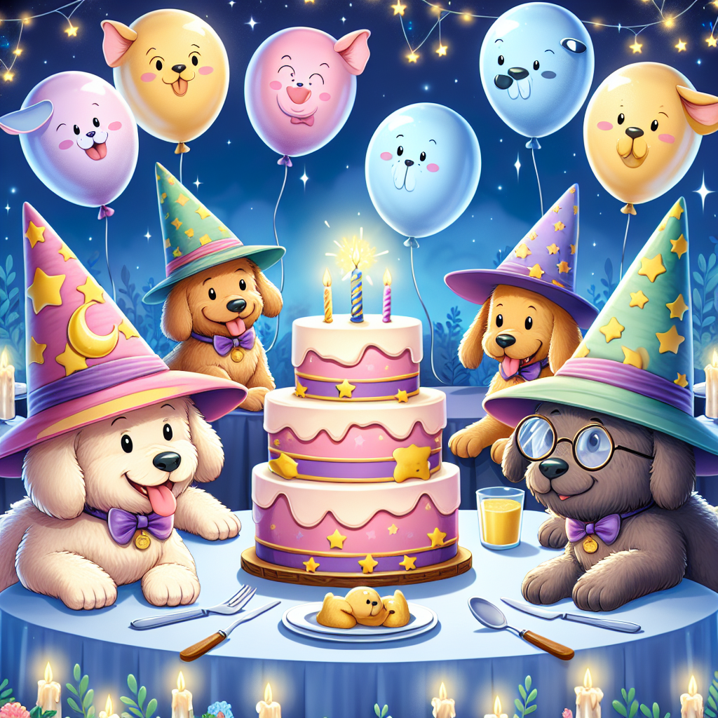 Create a cartoon scene characterized by a magical atmosphere, where adorable dogs dressed in whimsical wizard hats socialize around a birthday banquet. The masterpiece of the celebration is a cake designed to mimic a stack of magical books, with a pair of signature round spectacles placed on top. Balloons transformed to display luminescent animal shapes hover gently in the air, establishing a truly enchanting birthday environment.
Generated with these themes: Harry Potter , and Cockapoos.
Made with ❤️ by AI.